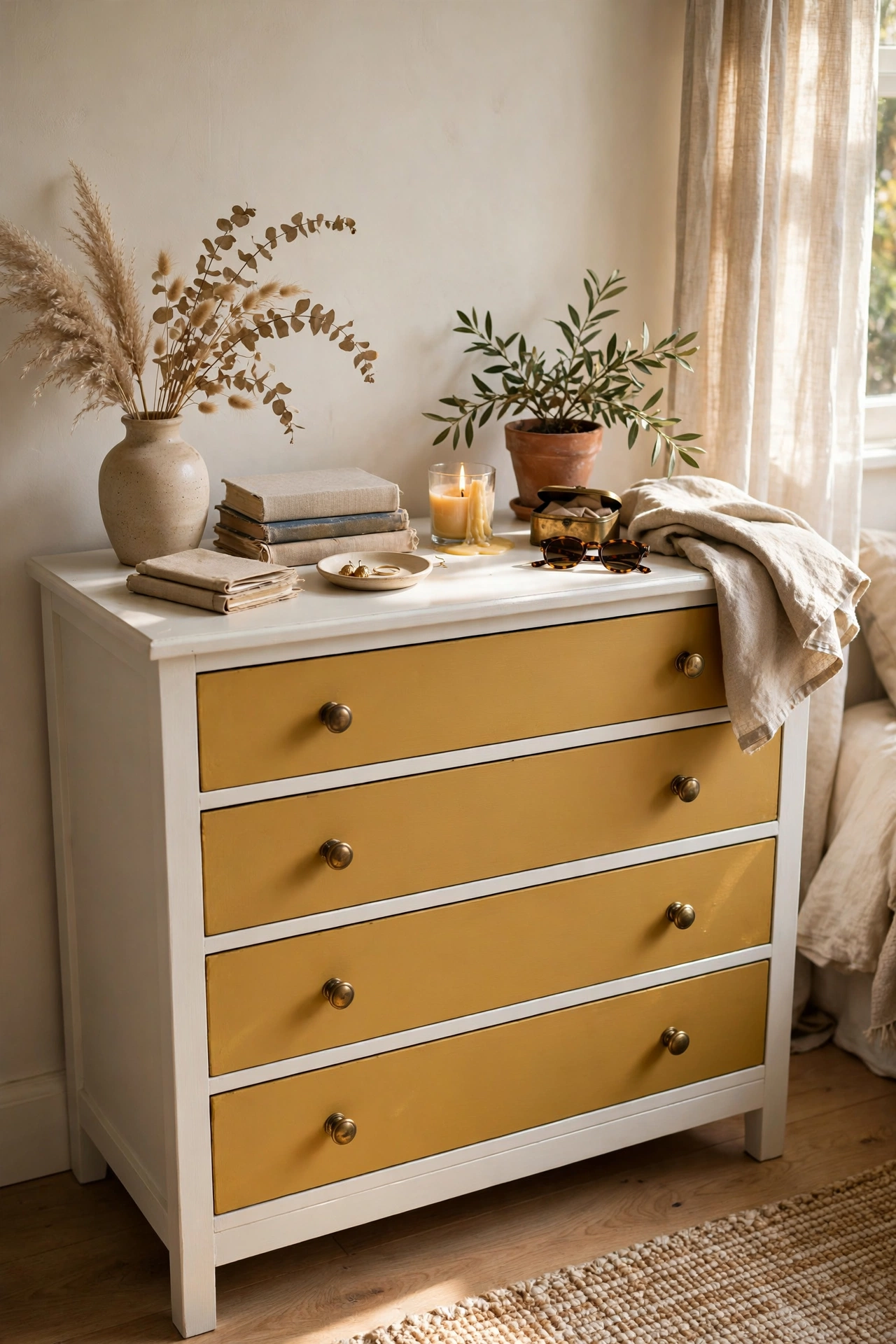 Dresser with mustard painted drawer fronts and a white frame