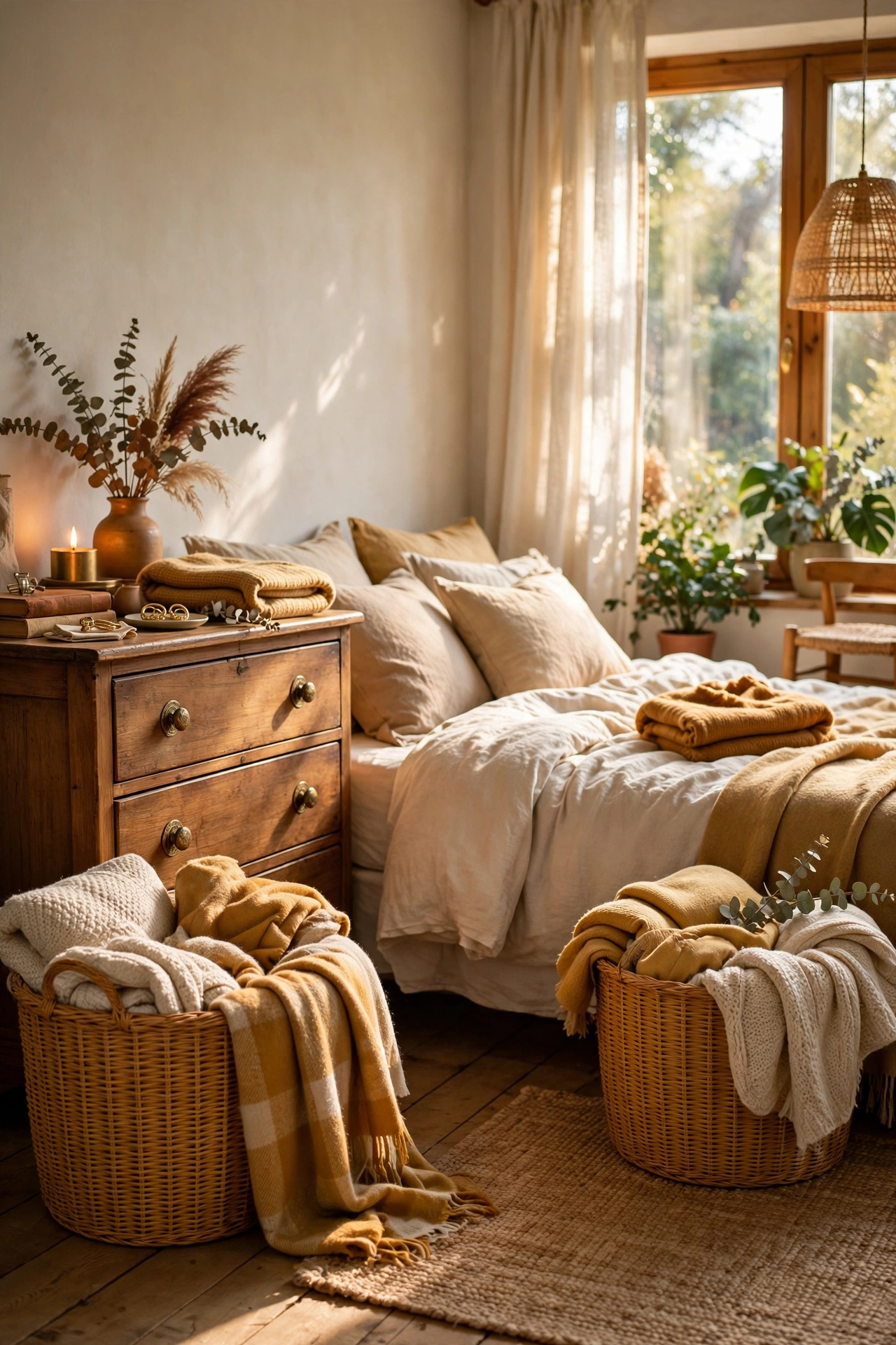 Two woven baskets in mustard tones used for bedroom storage