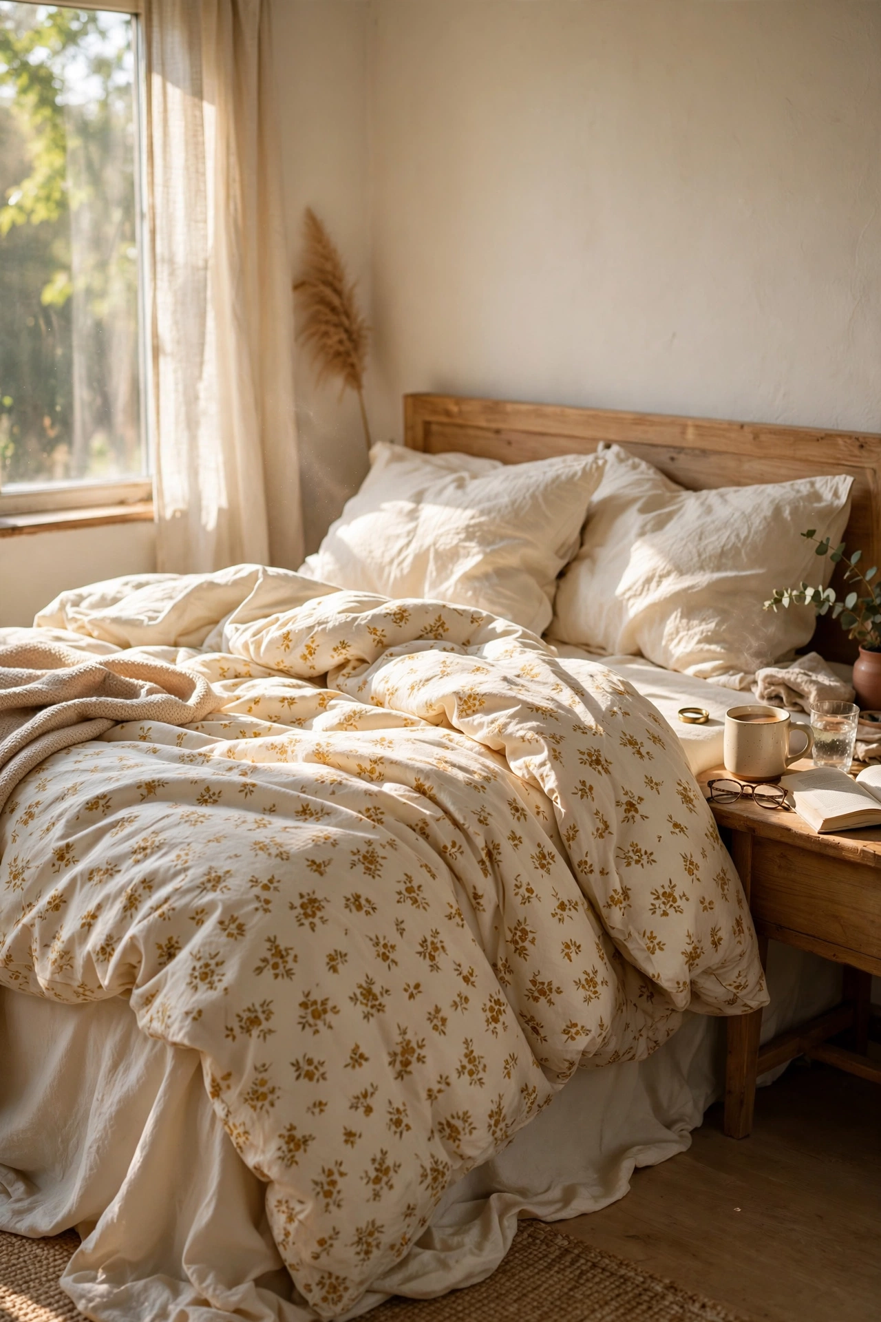 Bed with a cream duvet cover featuring small mustard floral blooms