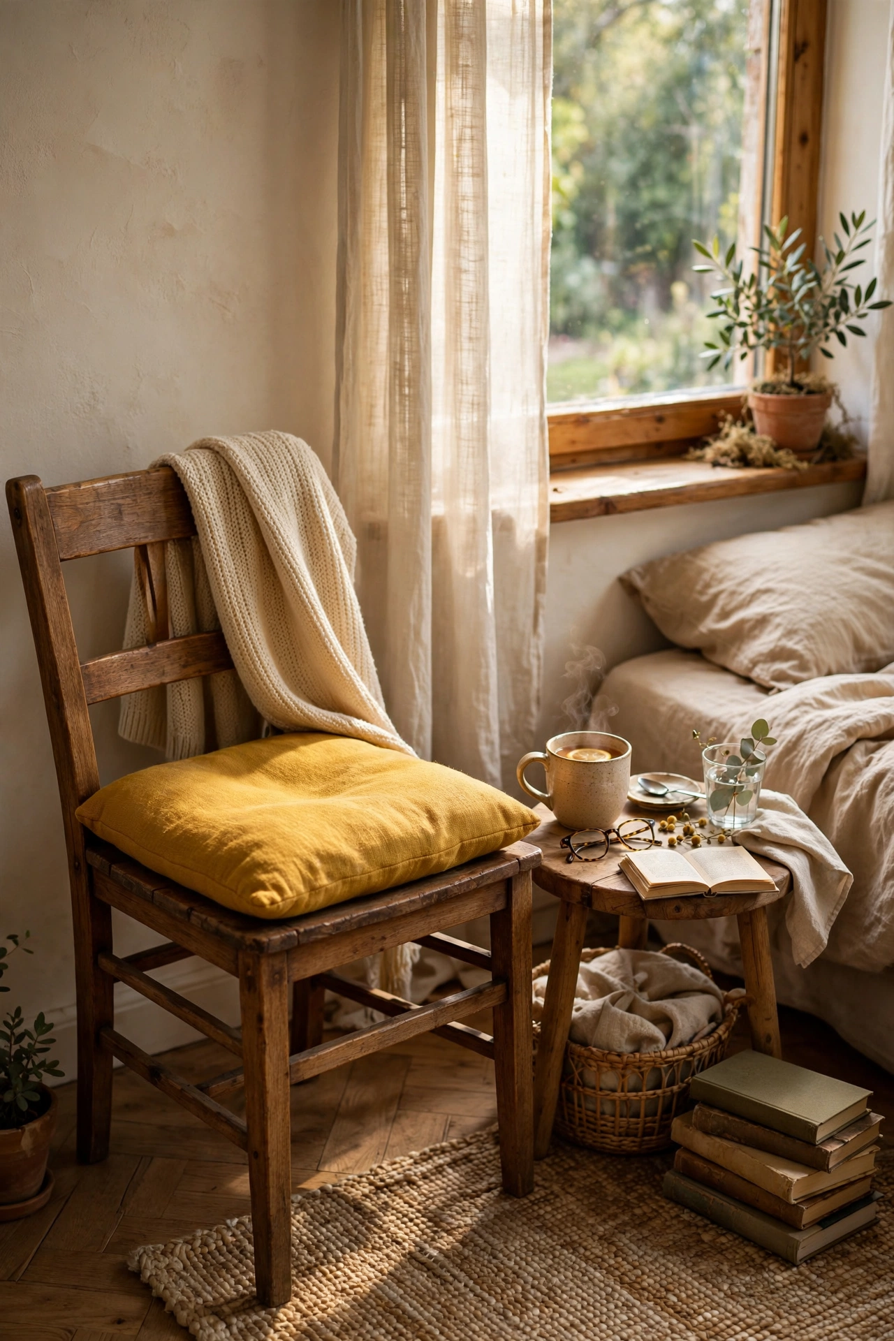 Wooden bedroom chair with a thick mustard seat cushion in a reading corner