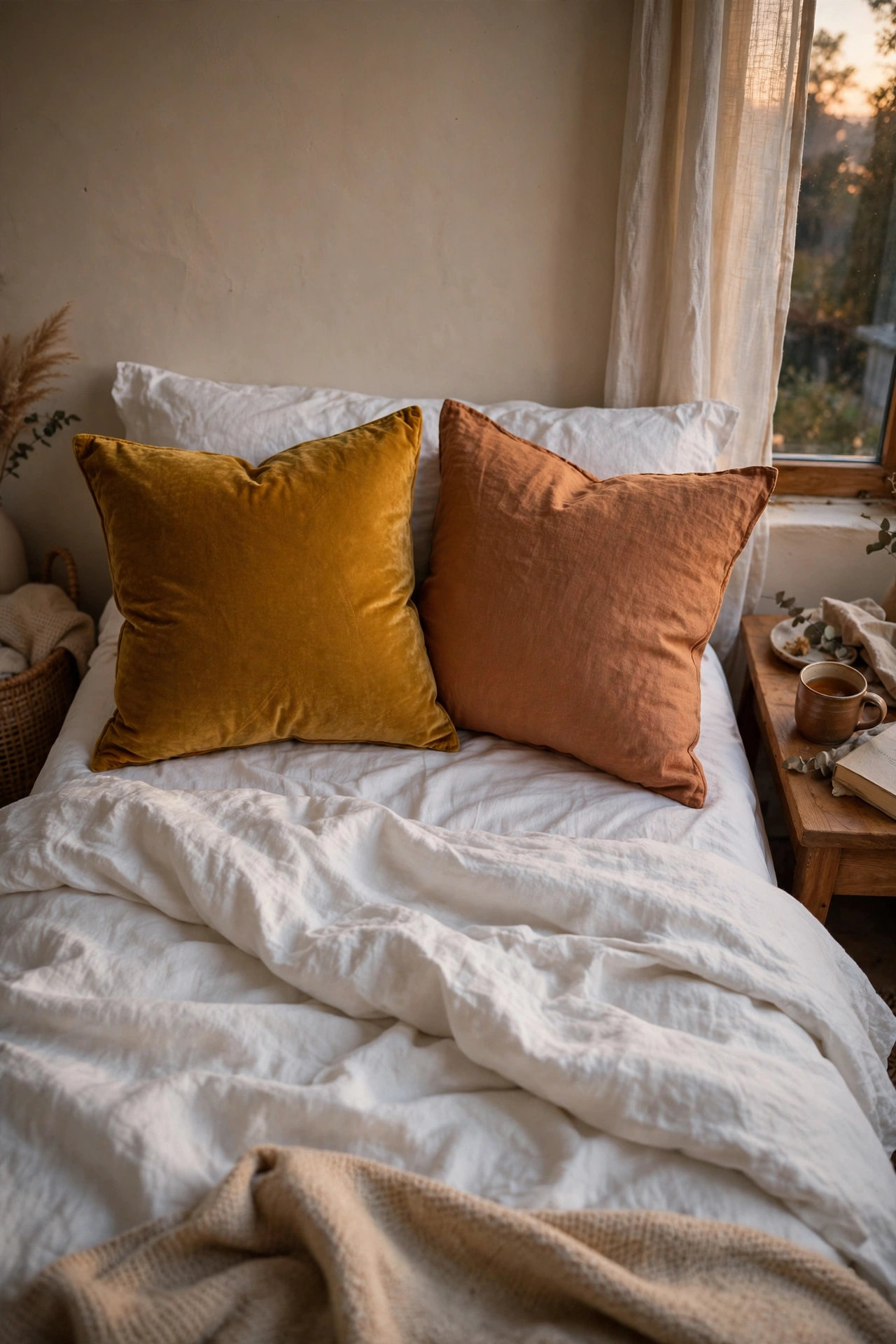 Mustard velvet and terracotta linen pillows paired on a white bed