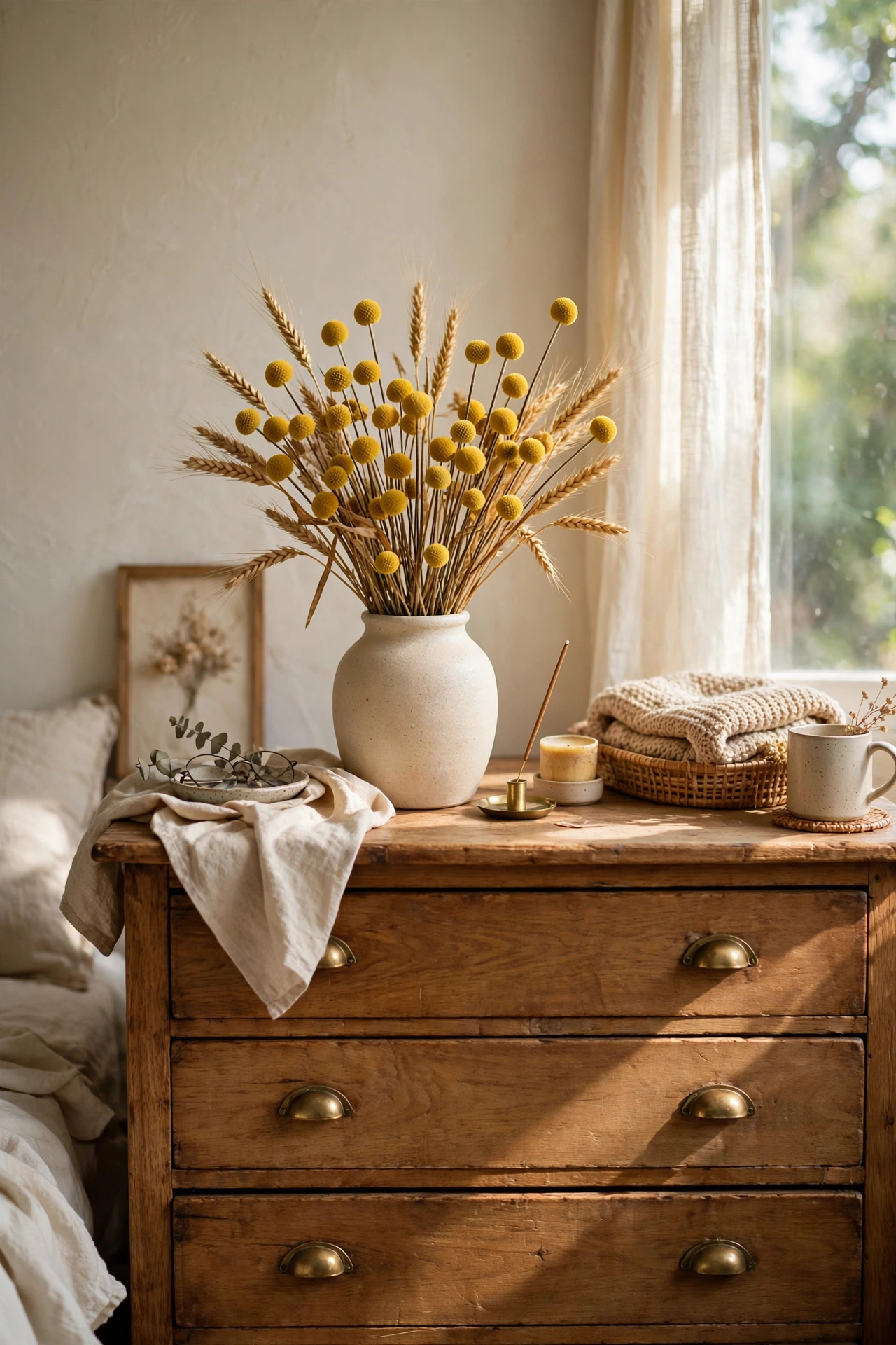 Dried mustard craspedia and wheat stems in a cream vase on a dresser