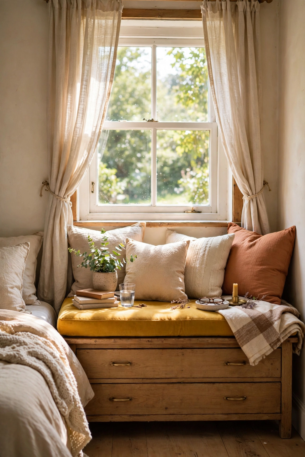 Mustard bench cushion on a low dresser under a bedroom window with pillows