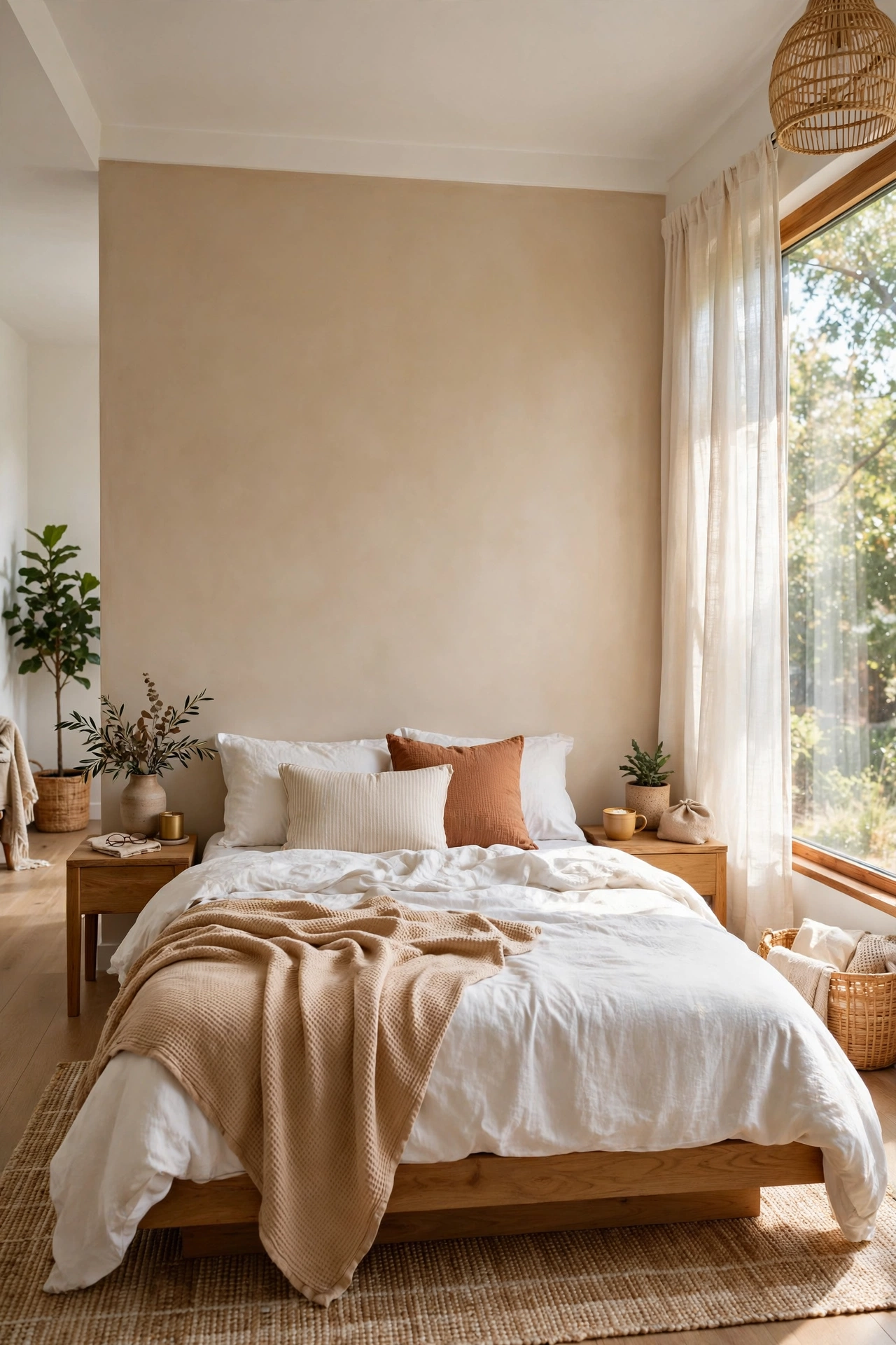 Bedroom with the bed moved to the longest wall, room feeling larger