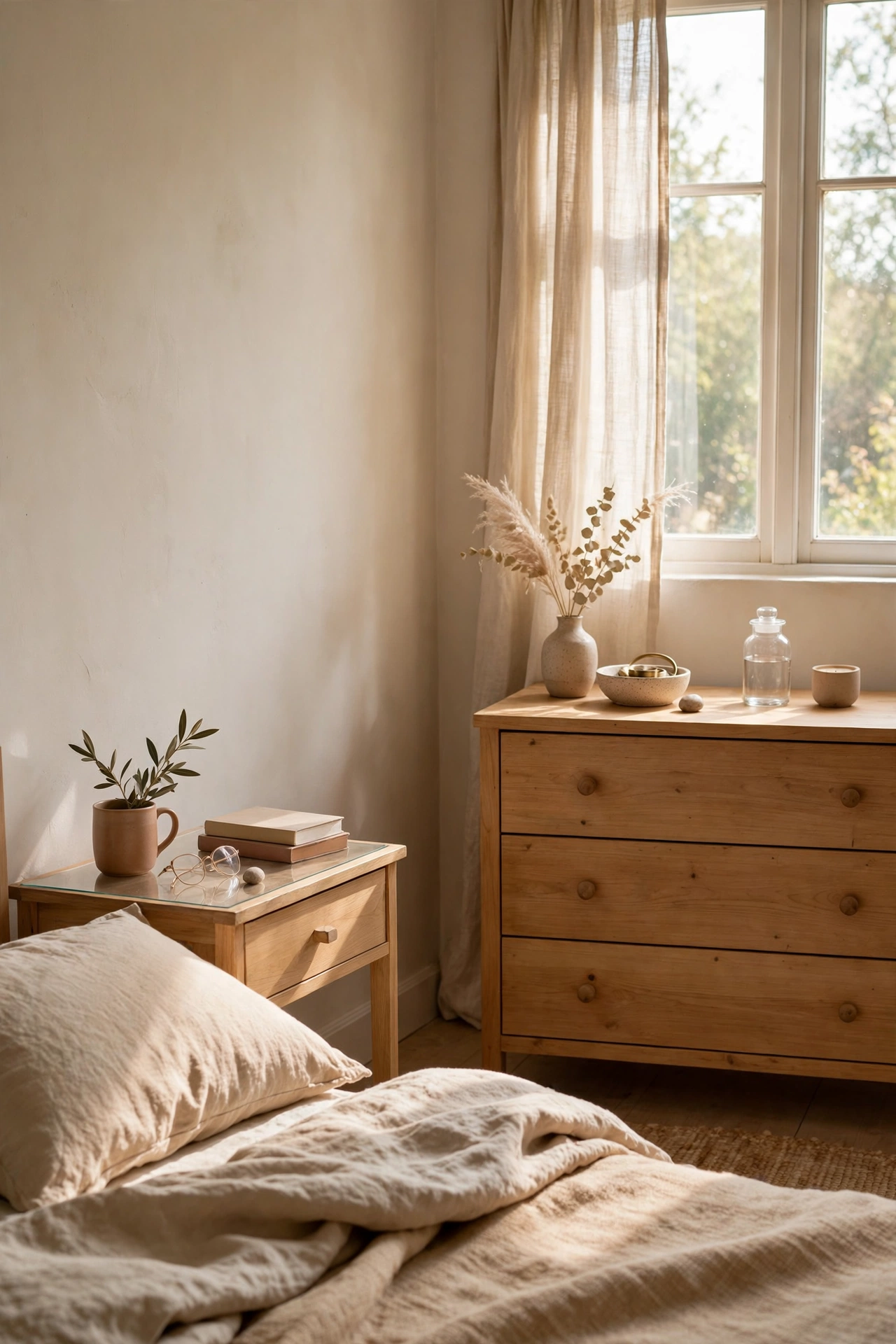 Bedroom nightstand and dresser with clear styled surfaces after decluttering