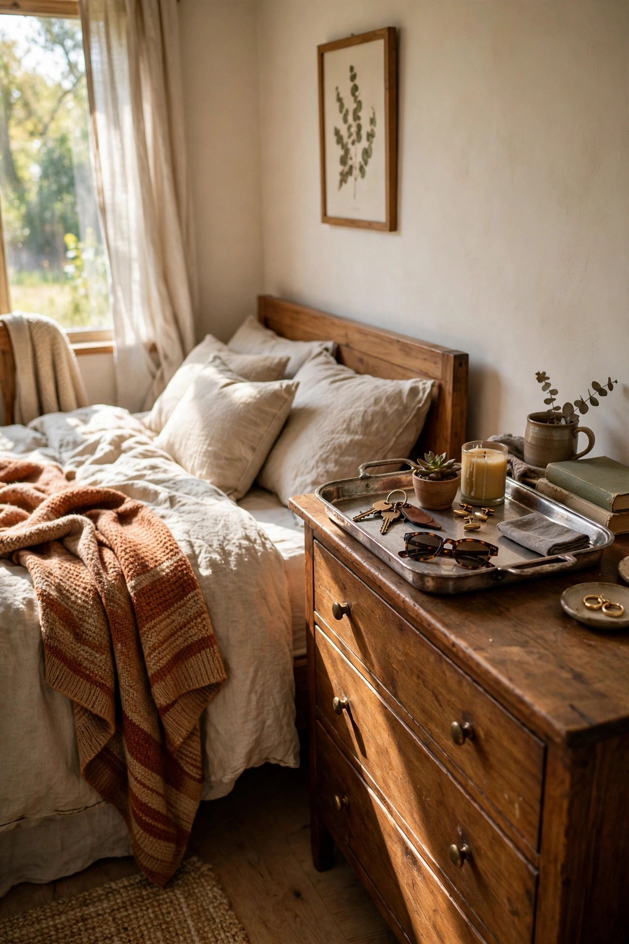 Bedroom styled with a tray and throw moved from other rooms in the home
