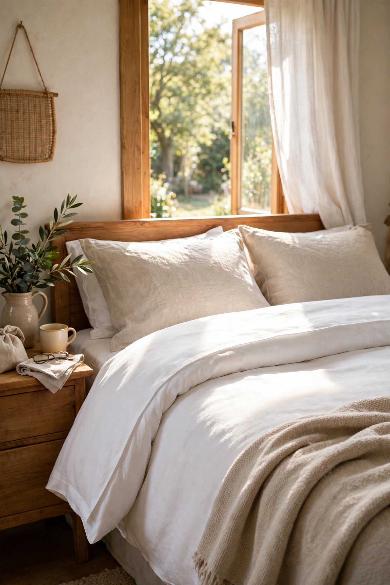 Bed with freshly washed bedding and a crisp ironed fold at the top