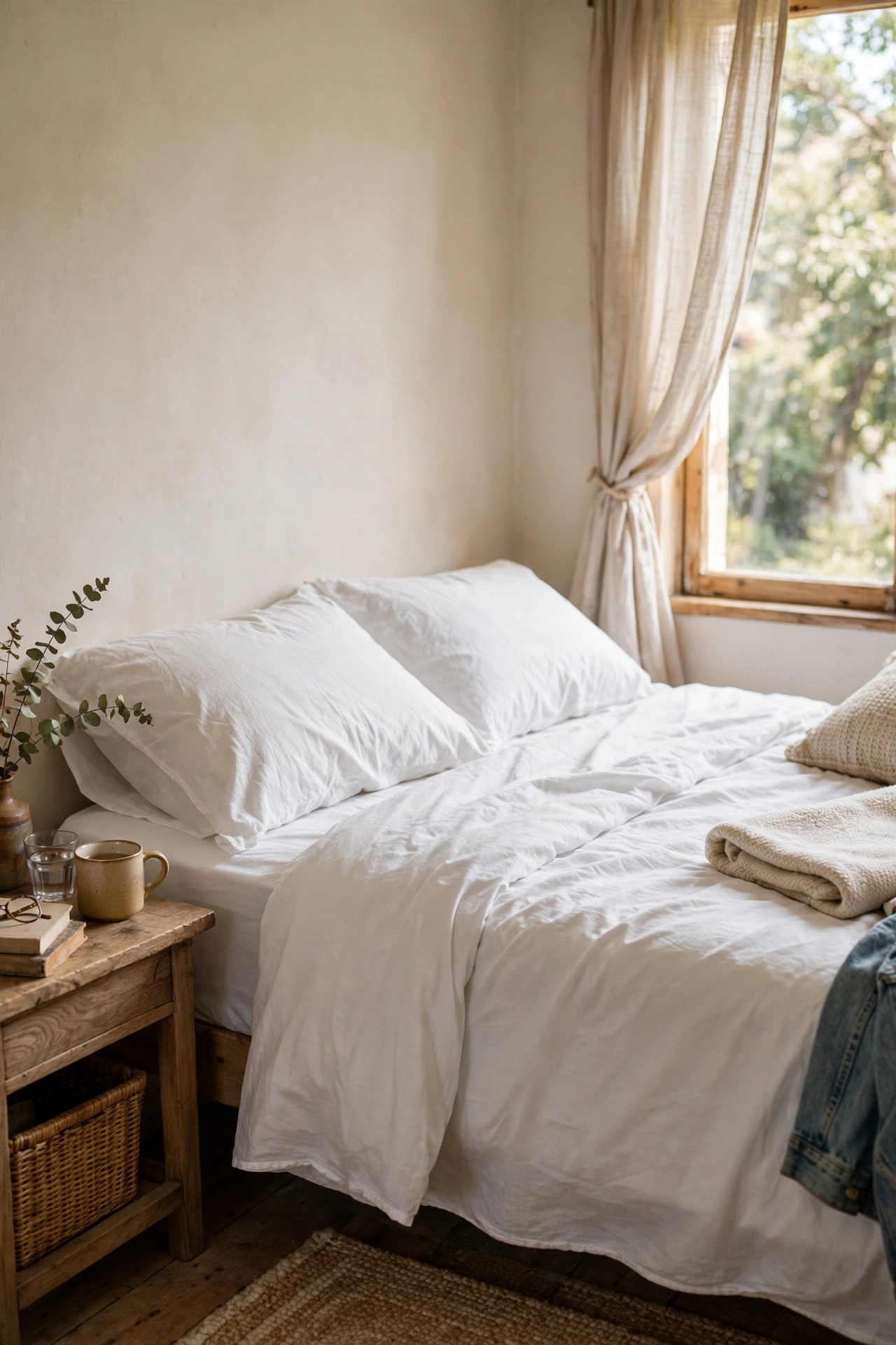 Crisp white thrifted sheet set on a neatly made bed