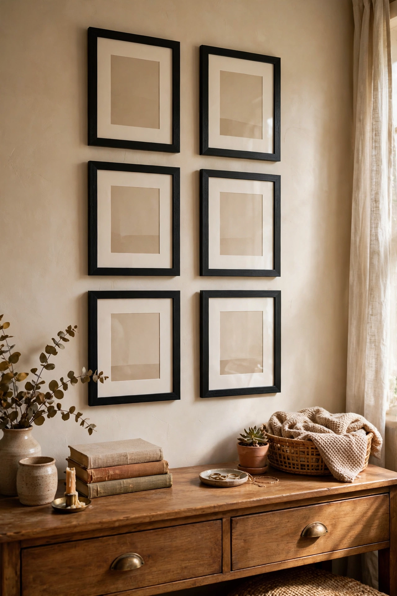 Grid gallery wall of matching black dollar store frames over a dresser