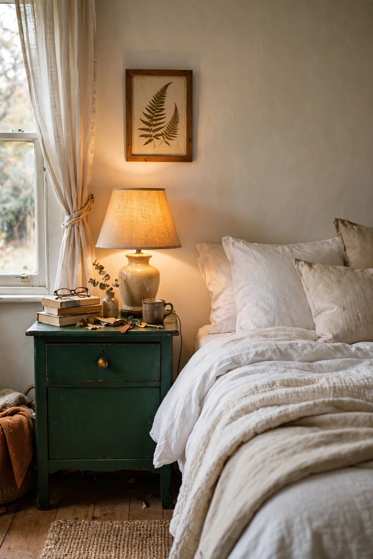 Thrifted wooden nightstand painted deep green beside a bed
