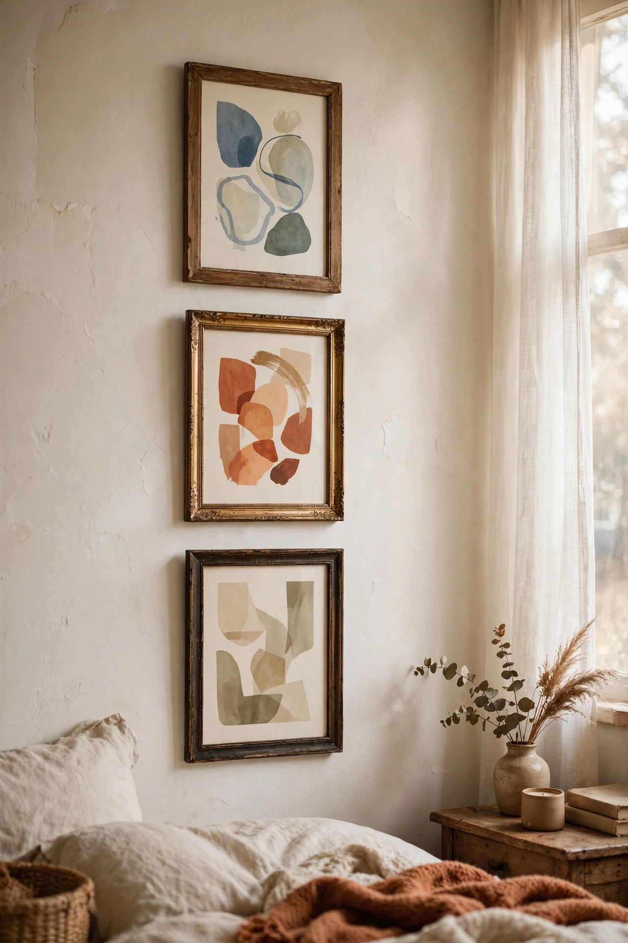 Framed free printable abstract art on a bedroom wall