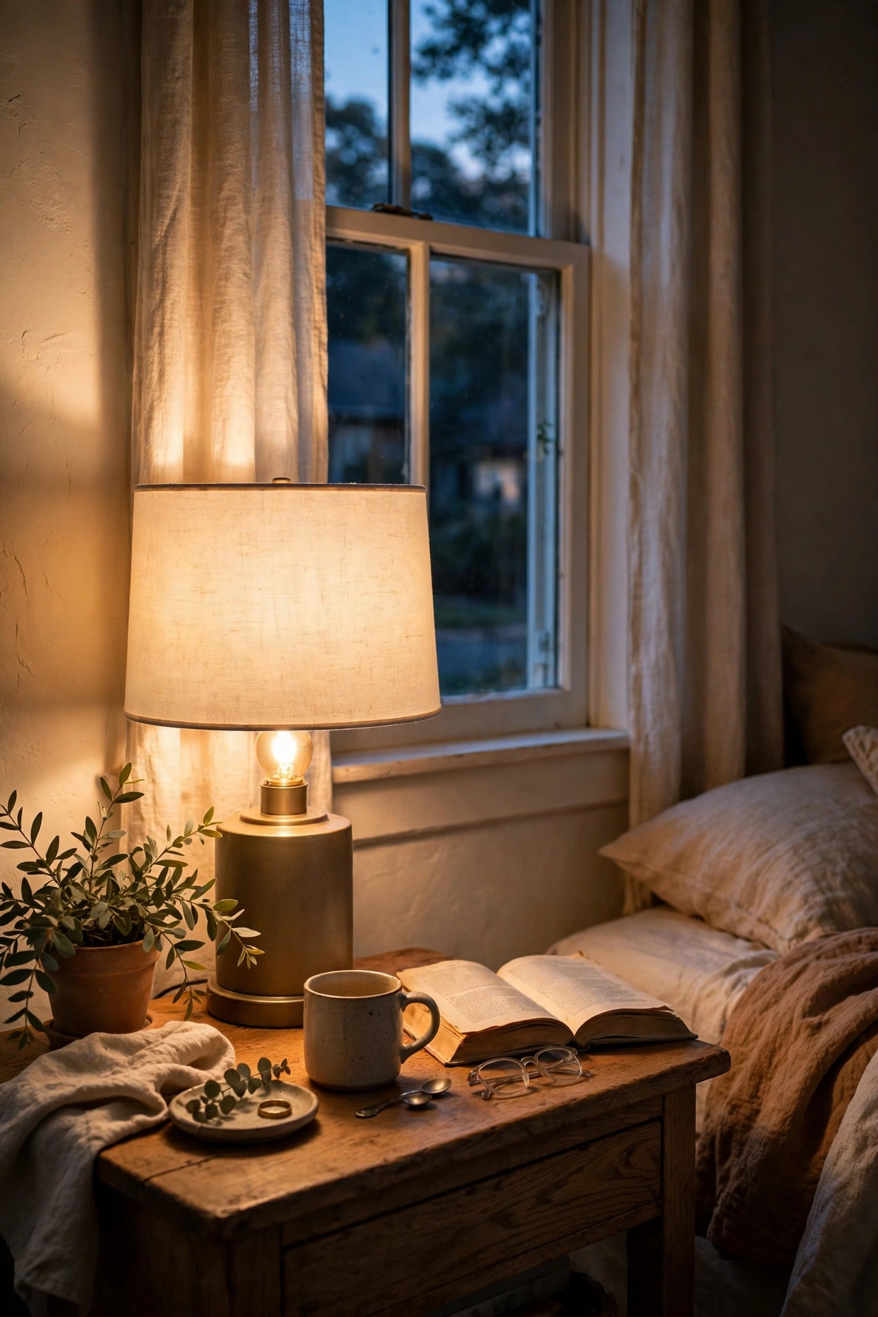 Bedroom lamp with a swapped clean drum shade glowing warmly