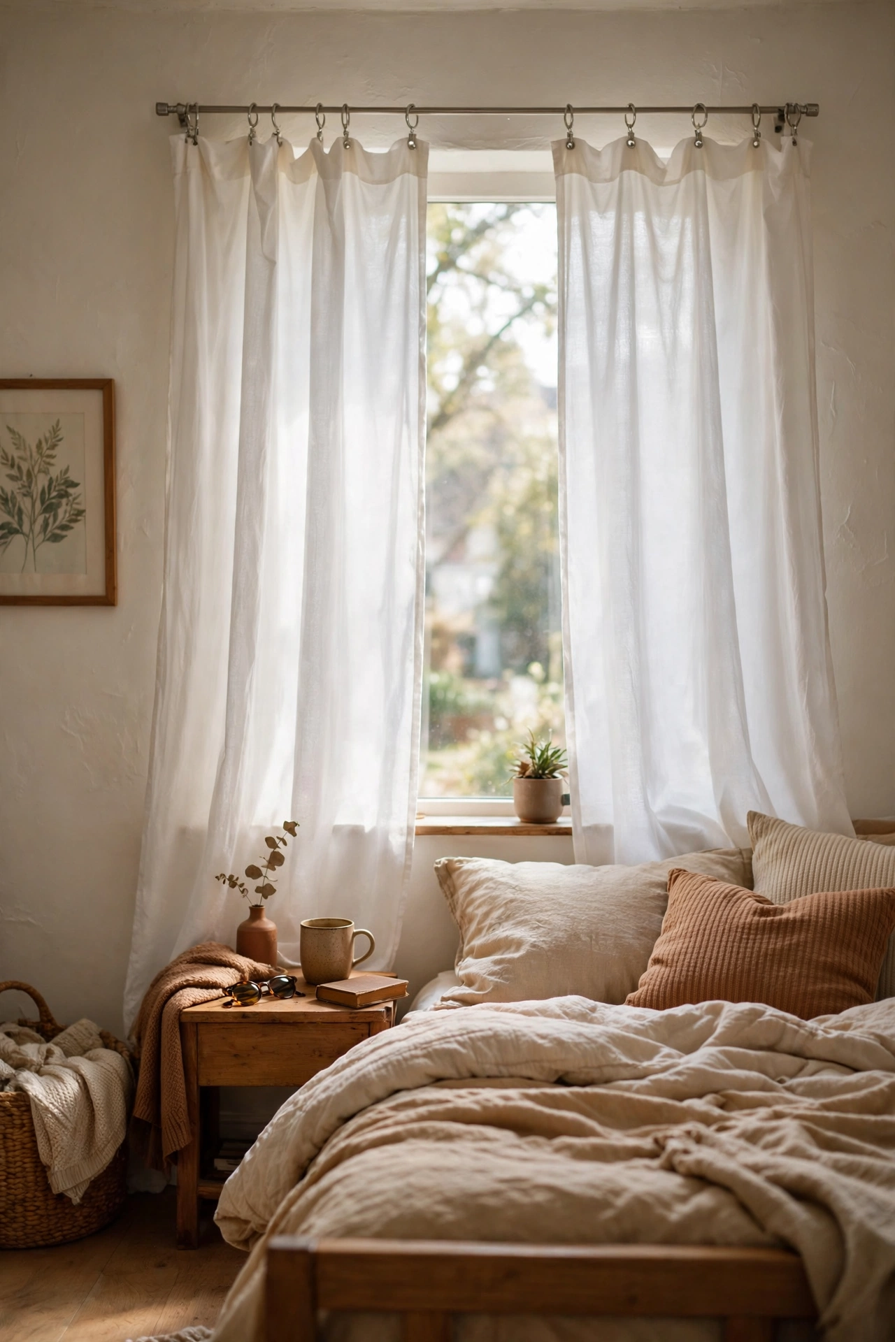 White flat sheets hung as curtain panels on a bedroom window