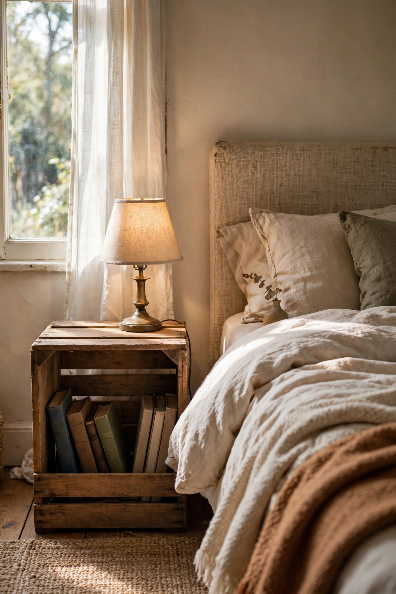 Wooden crate used as a nightstand beside a bed, holding books and a lamp