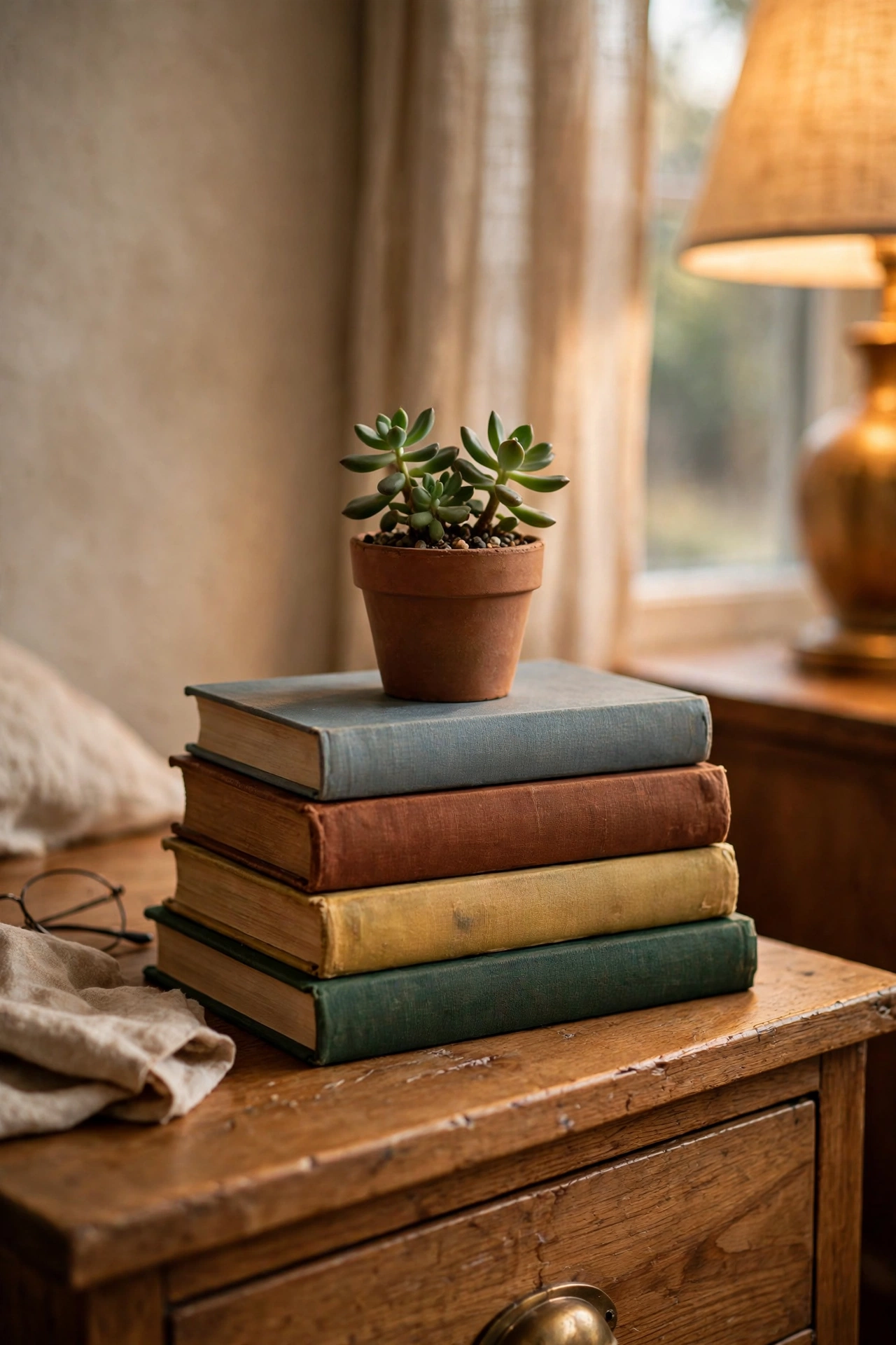 Stack of hardcover books with a small plant on a nightstand