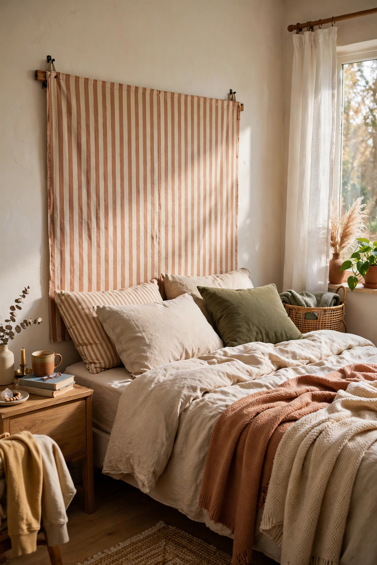 DIY fabric headboard panel made from a stretched striped flat sheet