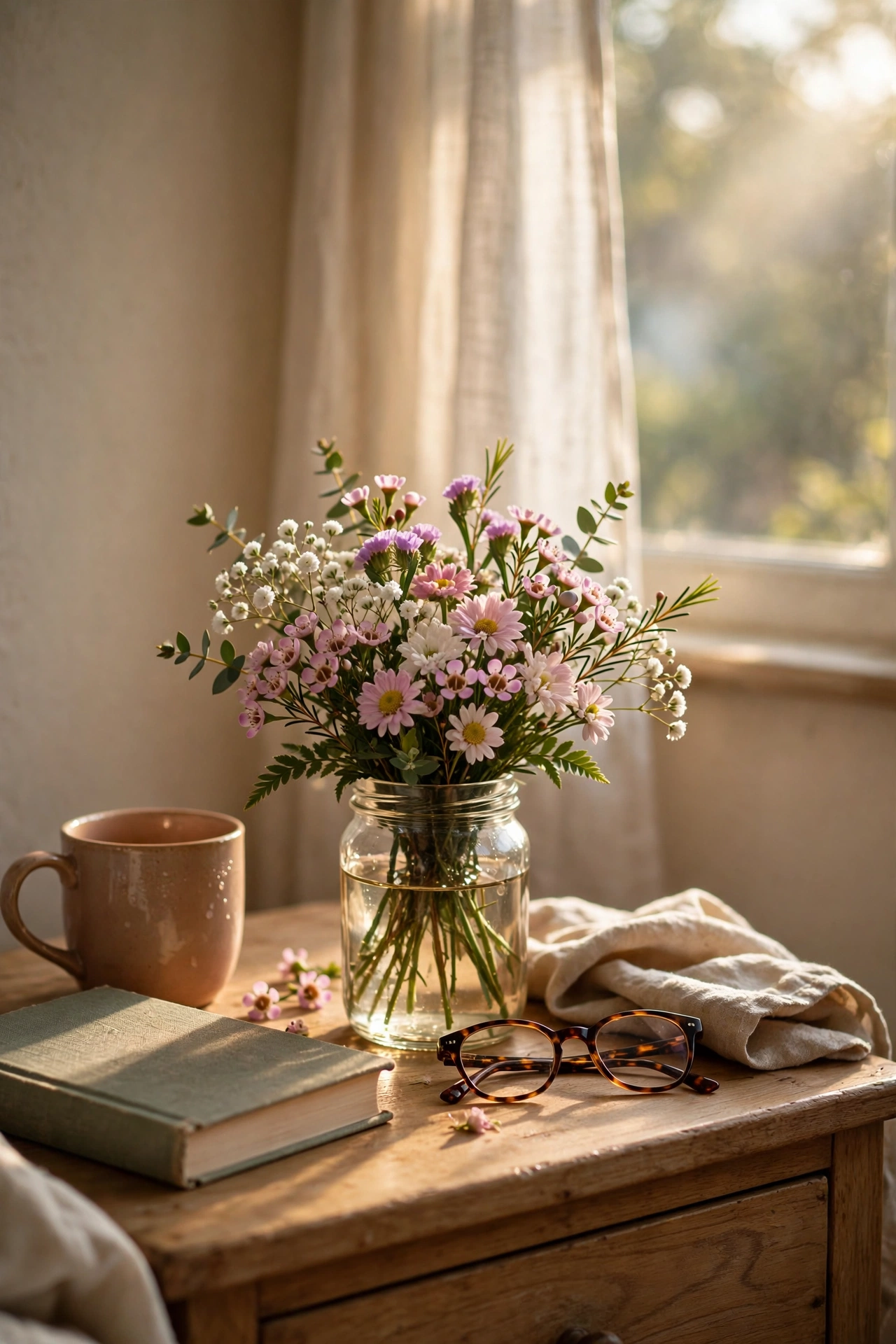 Small grocery store flower bouquet in a jam jar on a nightstand