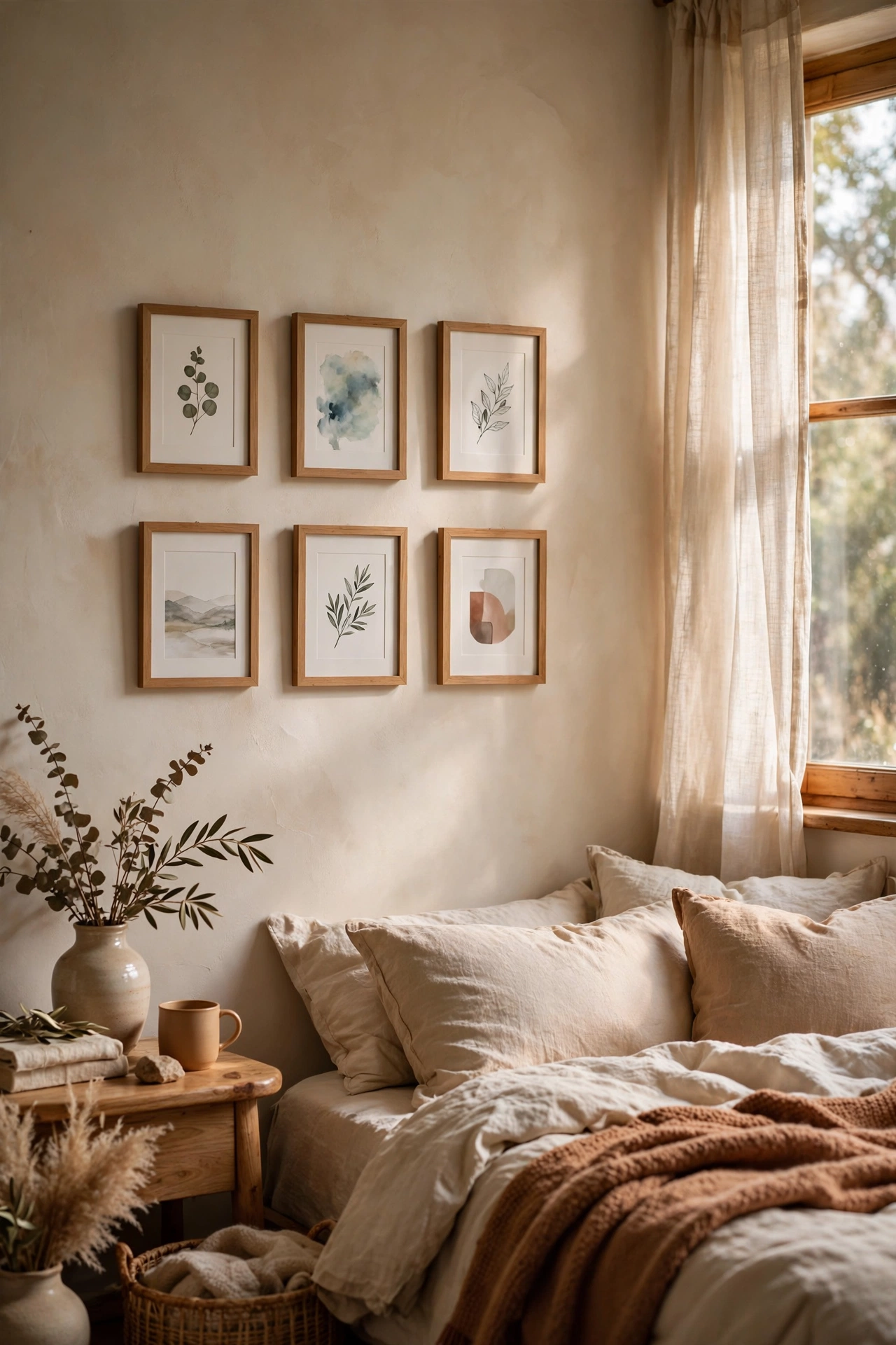 Lightweight frames hung on a bedroom wall with peel-and-stick hooks