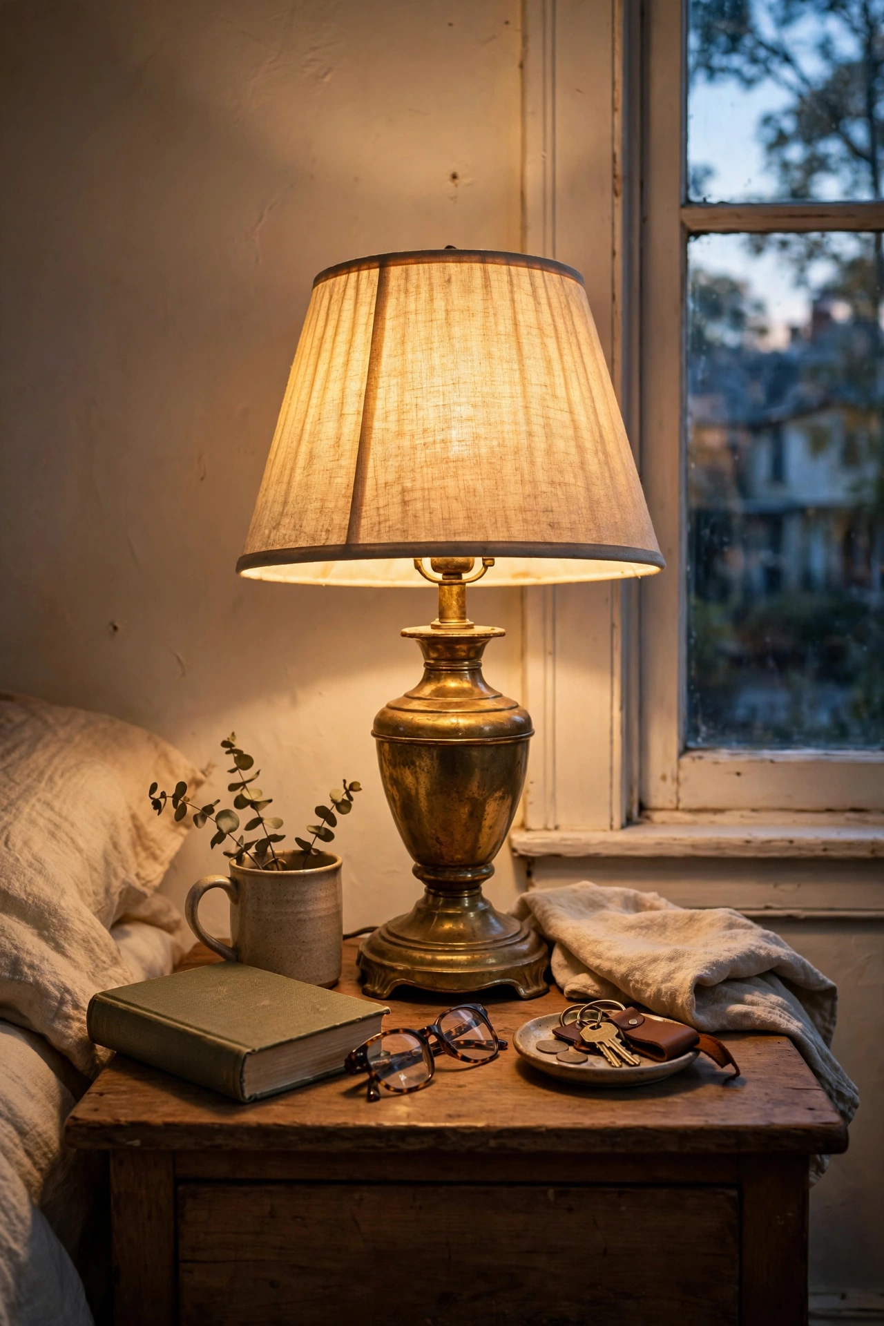 Thrifted brass lamp base with a new clearance shade on a nightstand