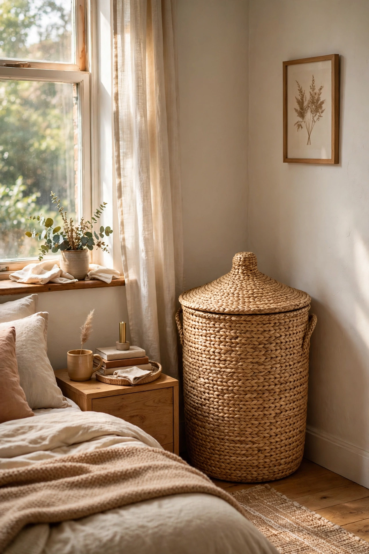 Tall lidded seagrass basket hiding laundry in a bedroom corner