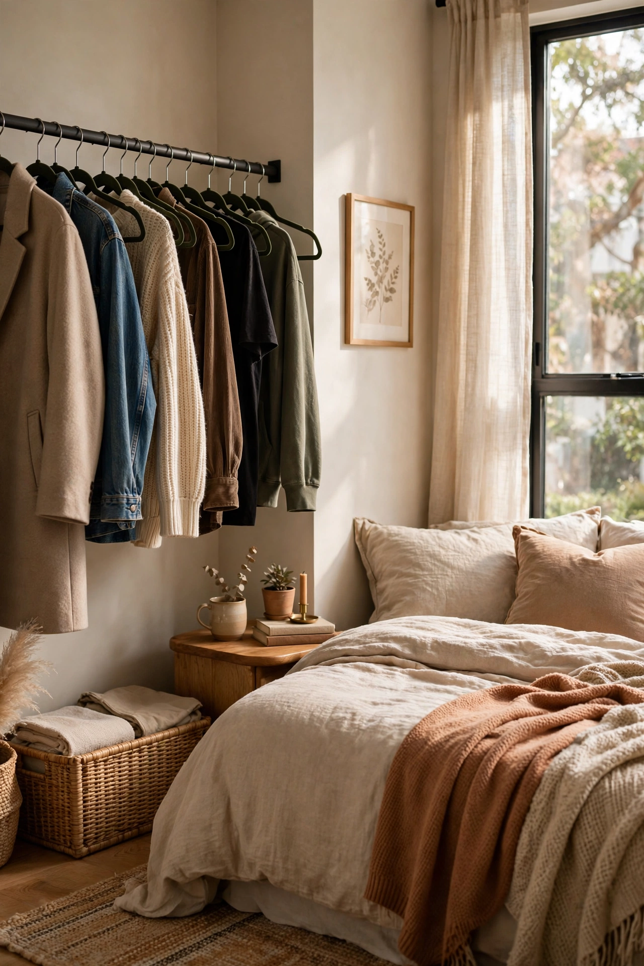 Open bedroom closet with matching slim velvet hangers