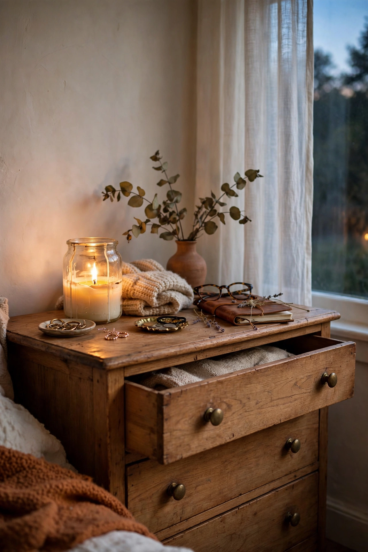 Lit vanilla candle on a bedroom dresser in the evening