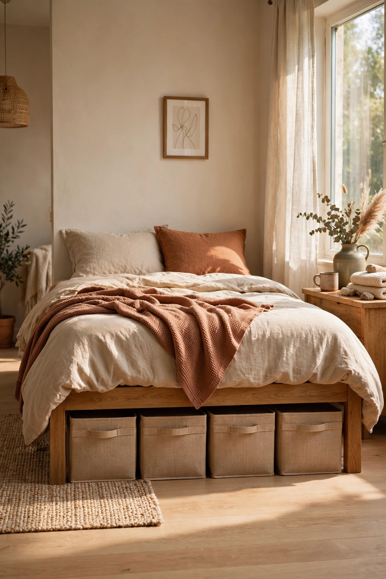 Matching flat fabric storage boxes slid under a bed