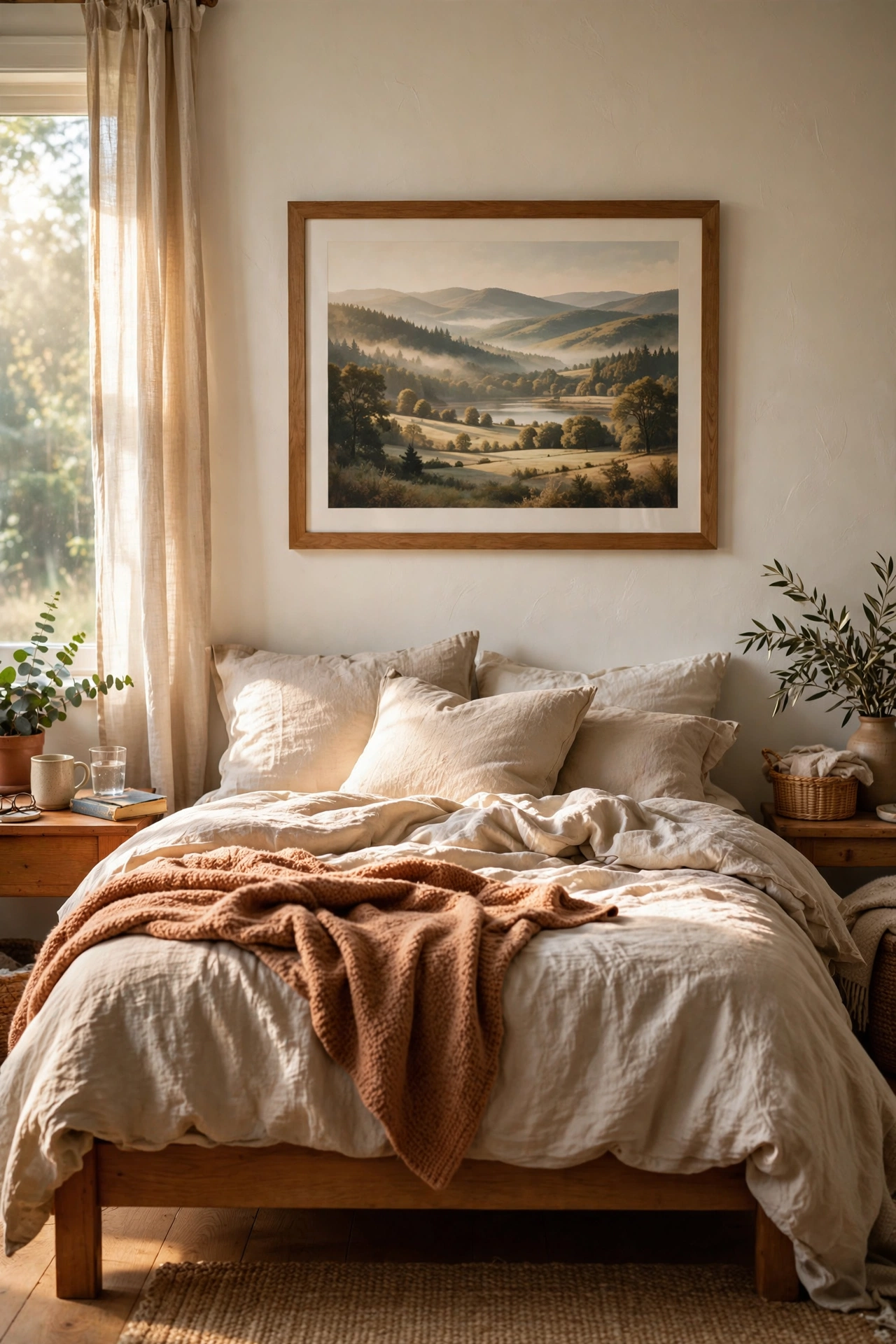 Large thrifted frame with a free printable landscape hung above a bed