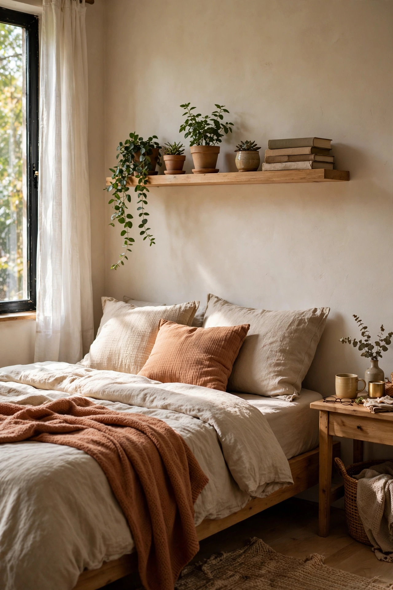 Floating shelf above a bed styled with small potted plants and books