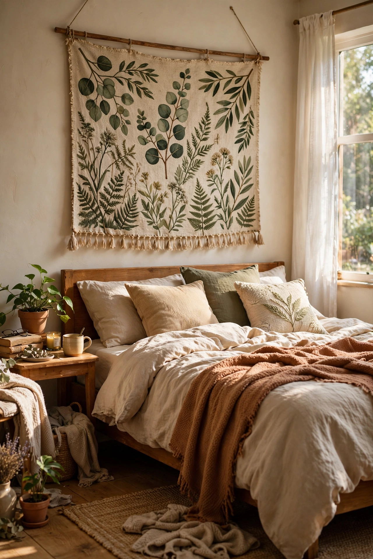 Botanical tapestry hung from a rod centered above a bed