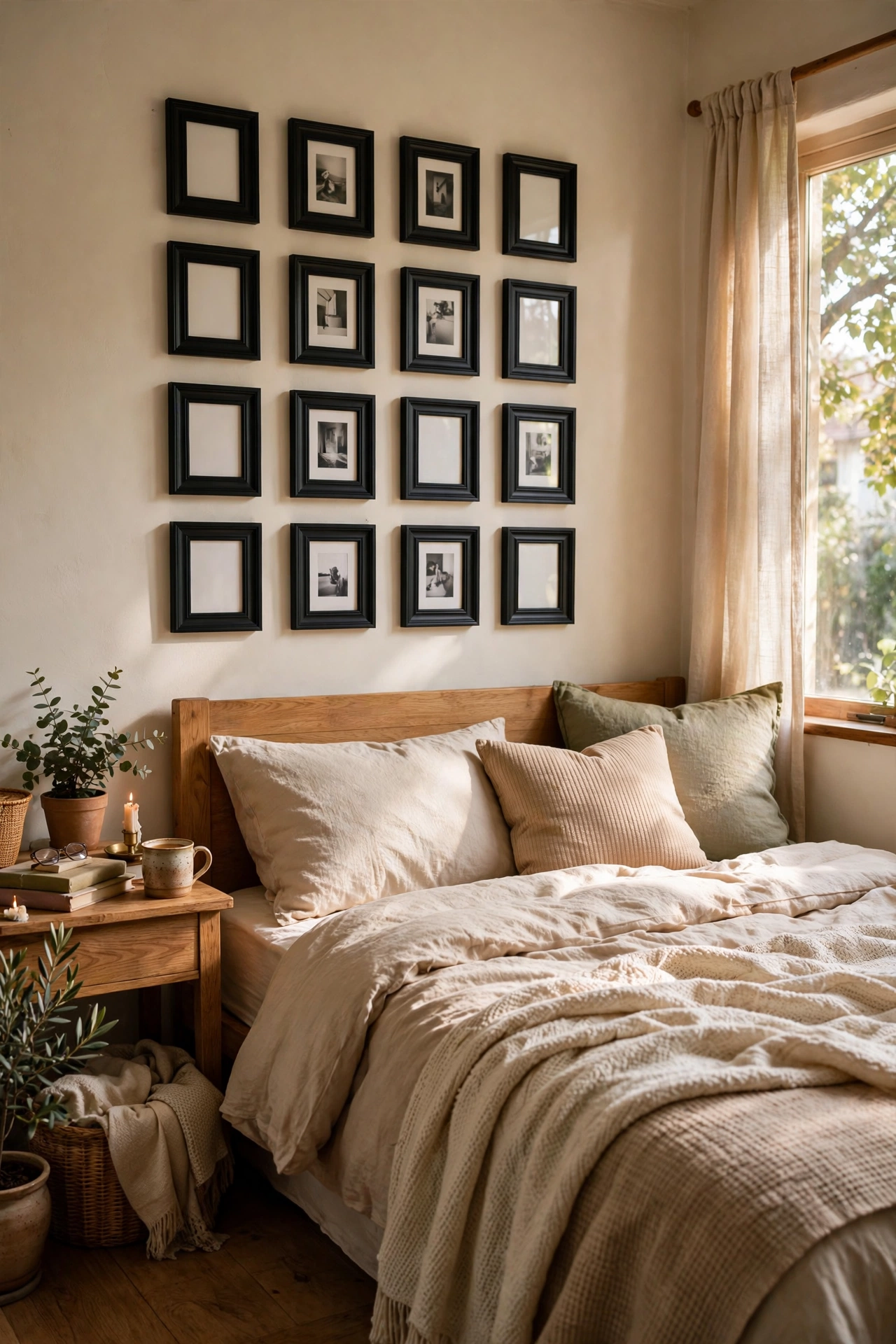 Gallery wall of small black spray-painted thrifted frames above a bed