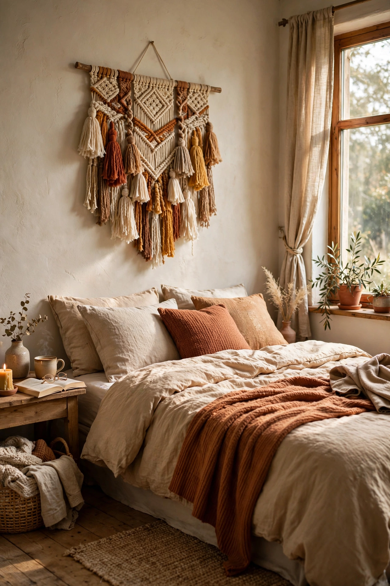 Handmade chunky yarn wall hanging on a wooden dowel above a bed