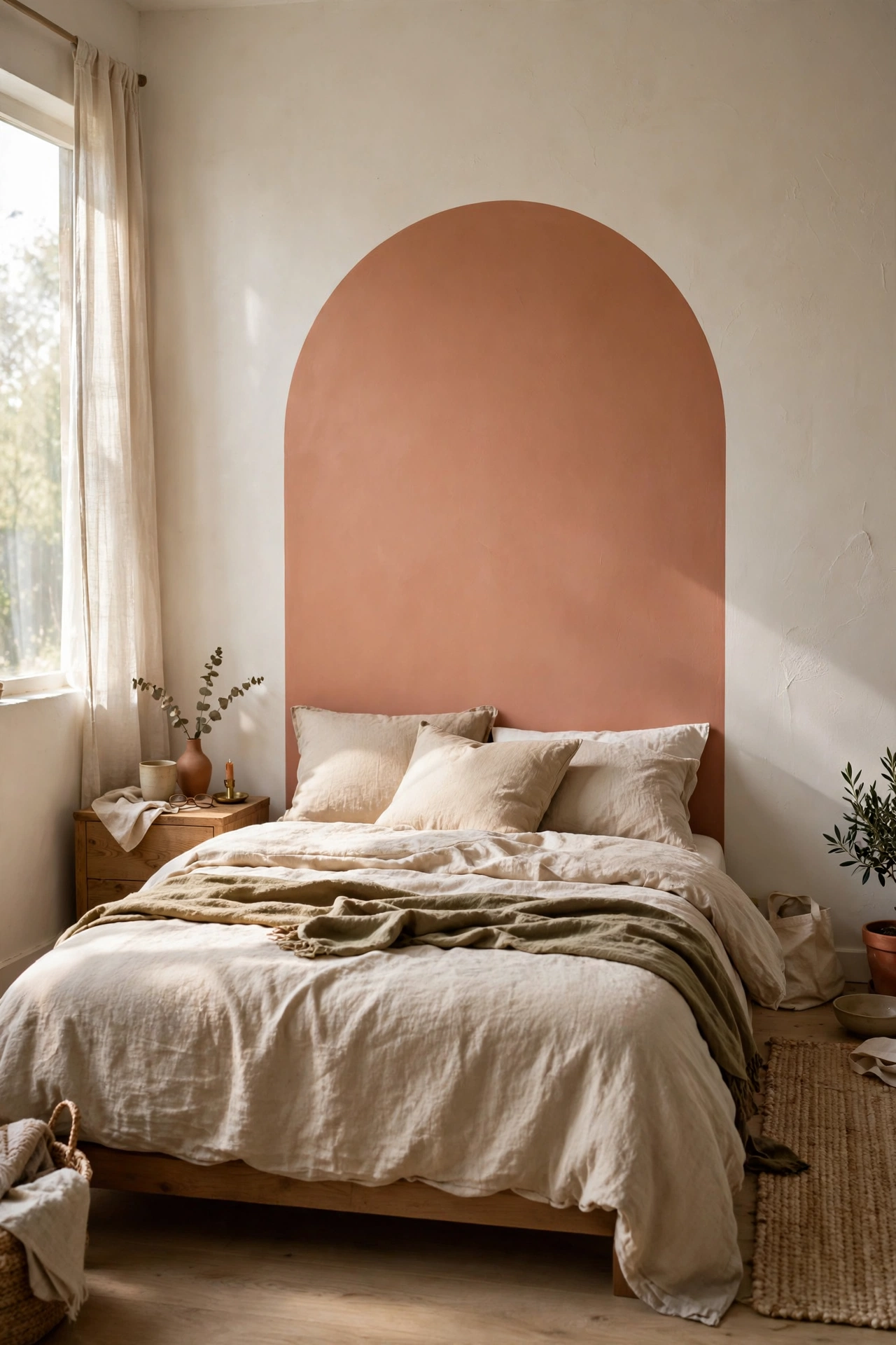 Painted arch in warm beige on the wall behind a bed