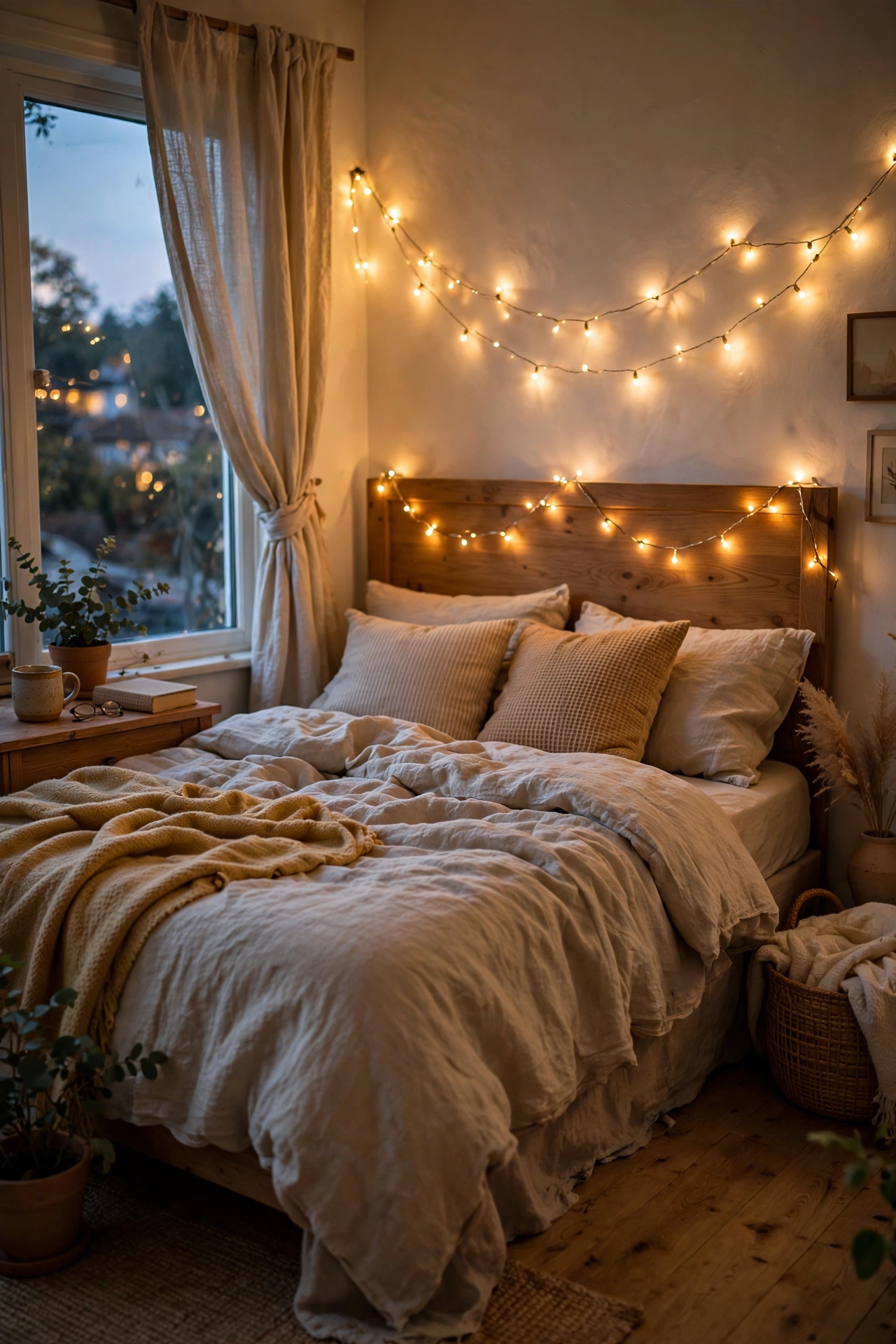 Warm fairy lights draped in a swag above a bed, glowing in the evening