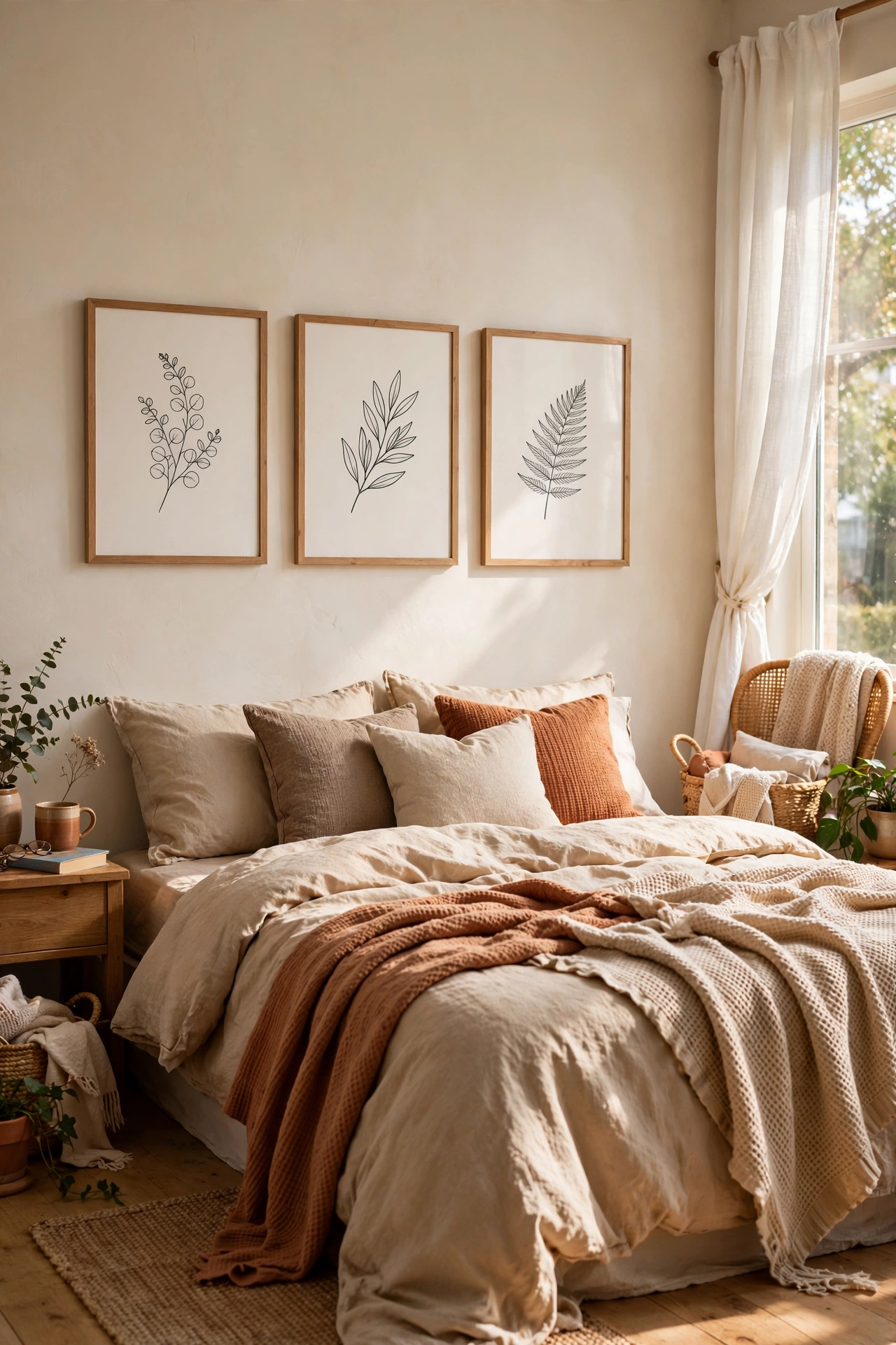 Three matching framed botanical prints hung in a row above a bed