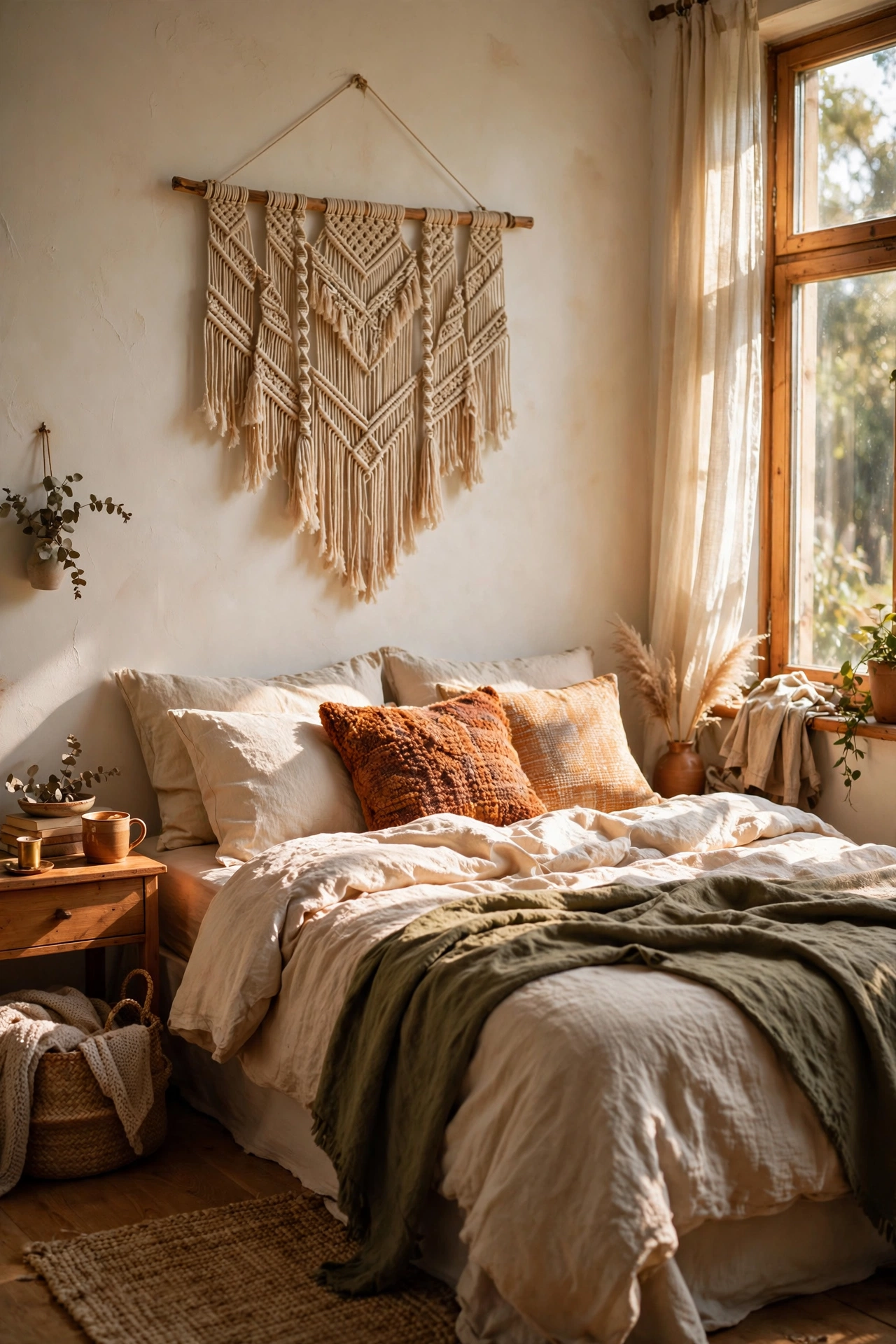 Vintage macrame wall hanging above a bed, natural cotton texture