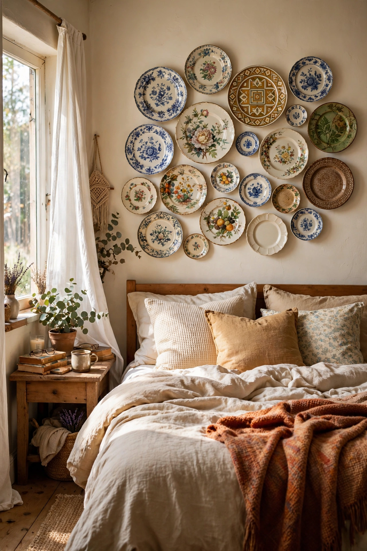 Decorative plate wall in an oval arrangement above a bed