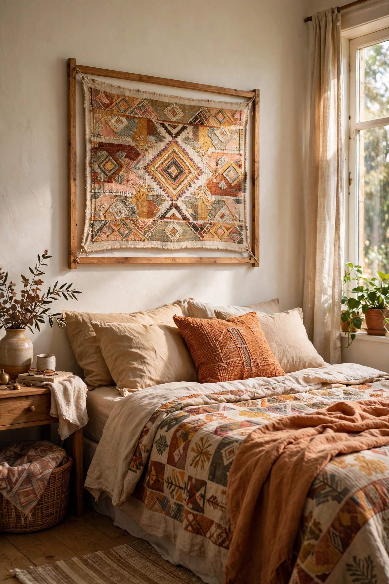 Block-print fabric stretched over a frame as art above a bed