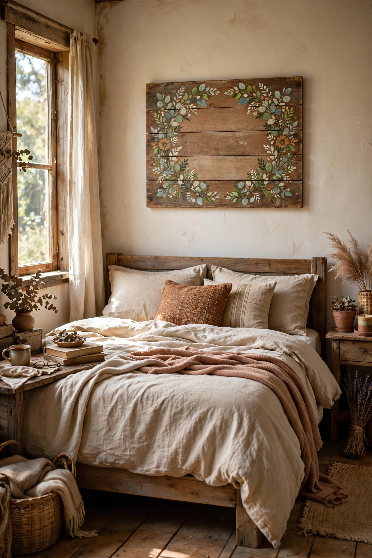 Hand-painted wooden sign with a short quote above a bed