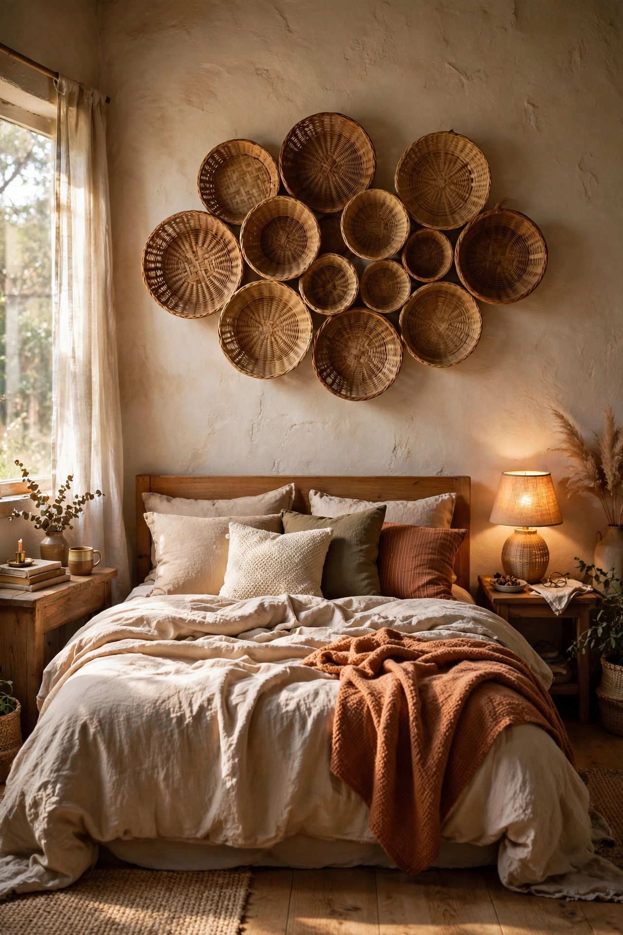 Cluster of flat woven baskets hung as wall decor above a bed