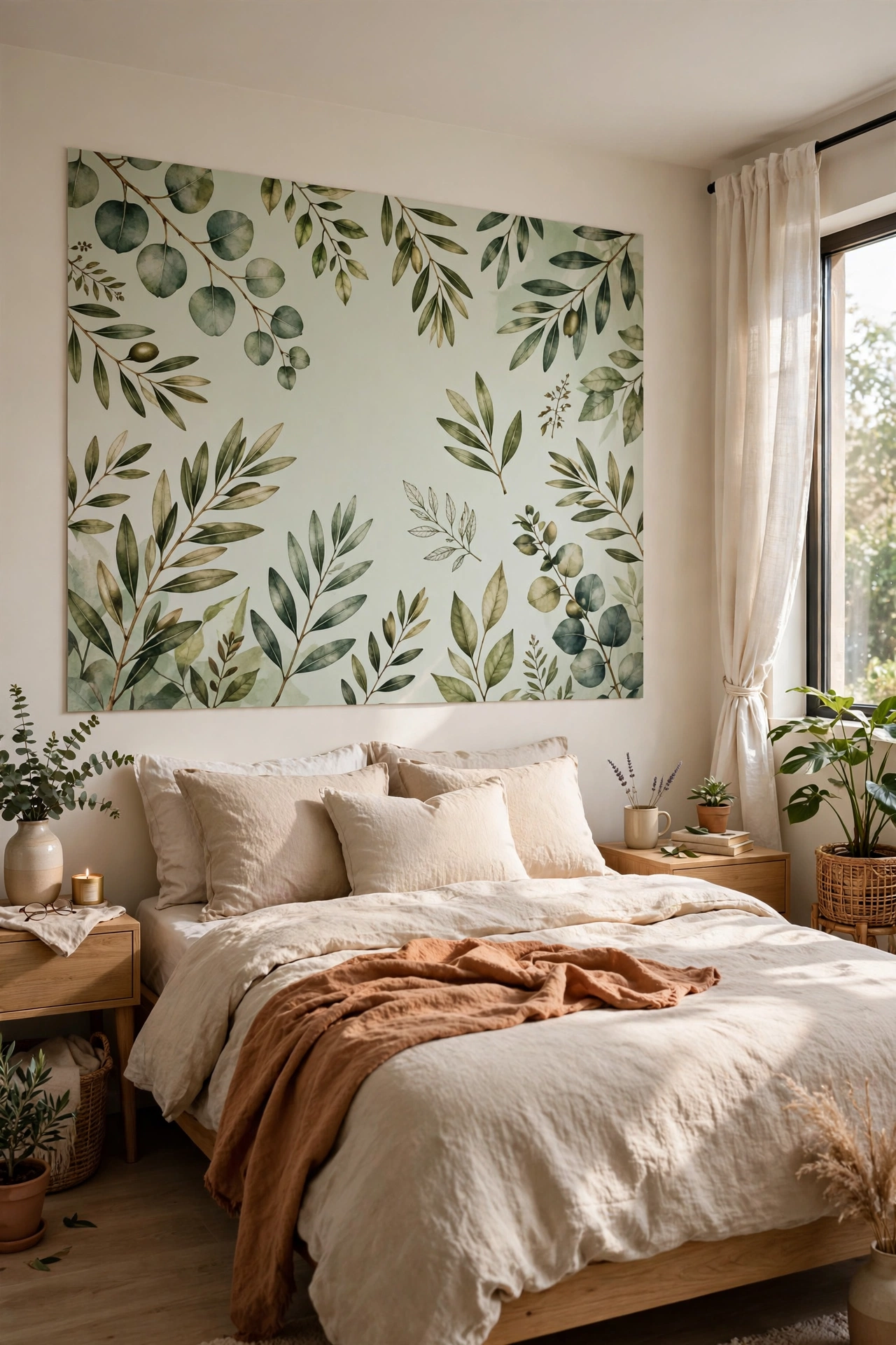 Peel-and-stick botanical mural panel centered above a bed