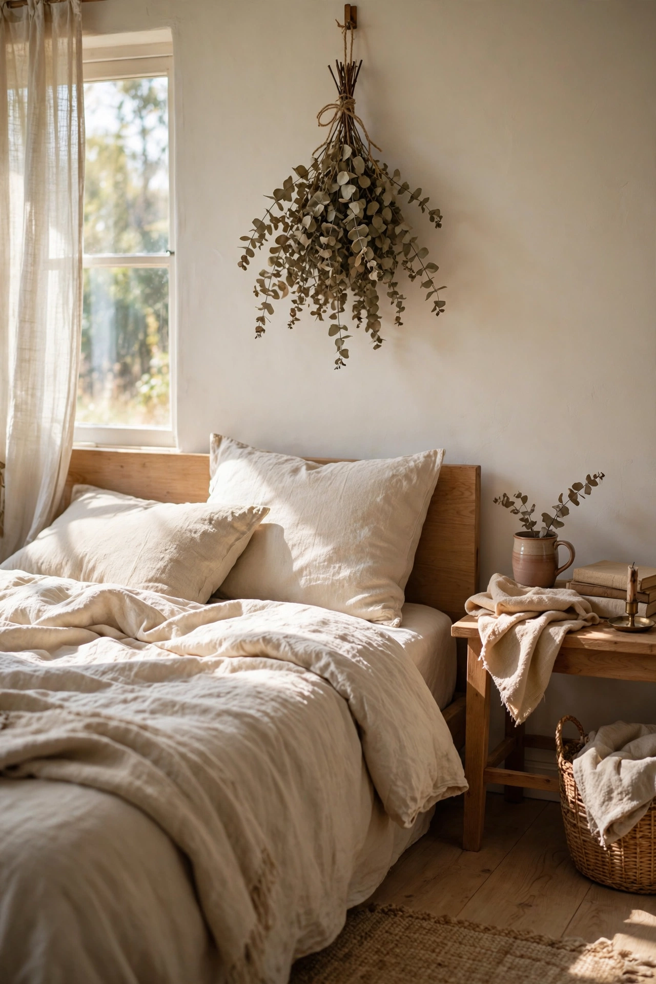 Dried eucalyptus bunch tied with twine hanging above a bed