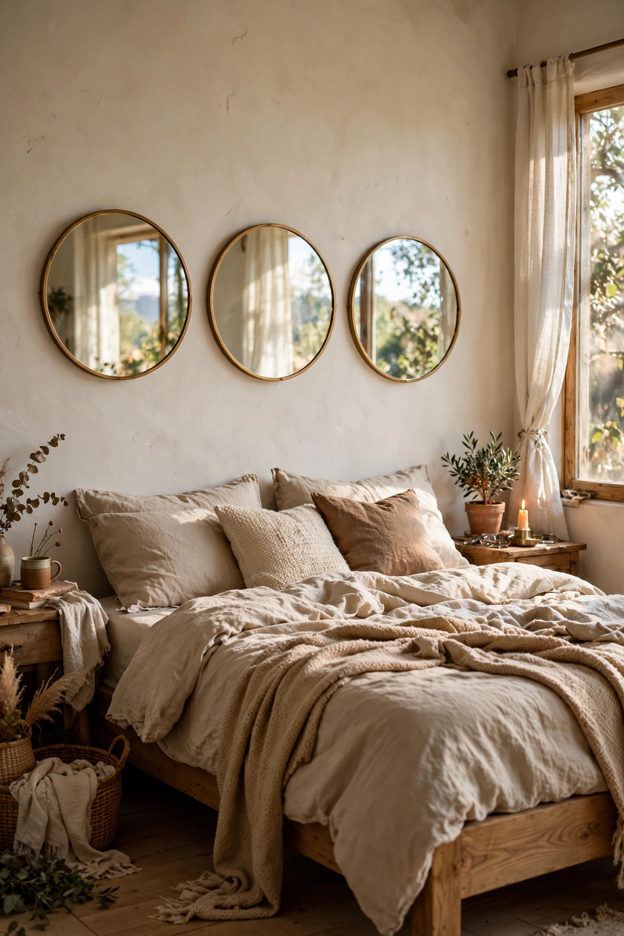 Three small round thrifted mirrors hung in a row above a bed