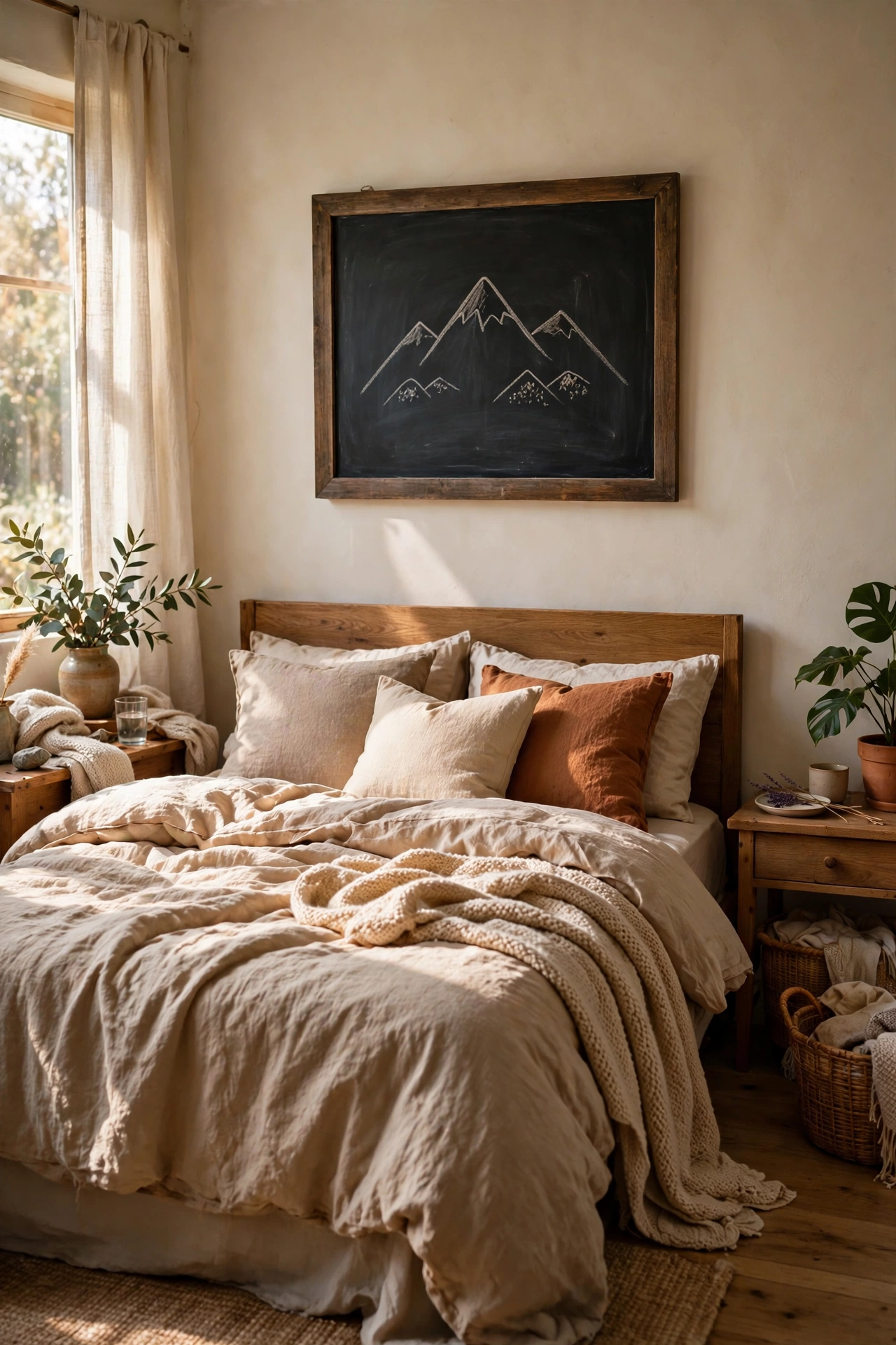 Framed chalkboard with a hand-drawn mountain doodle above a bed
