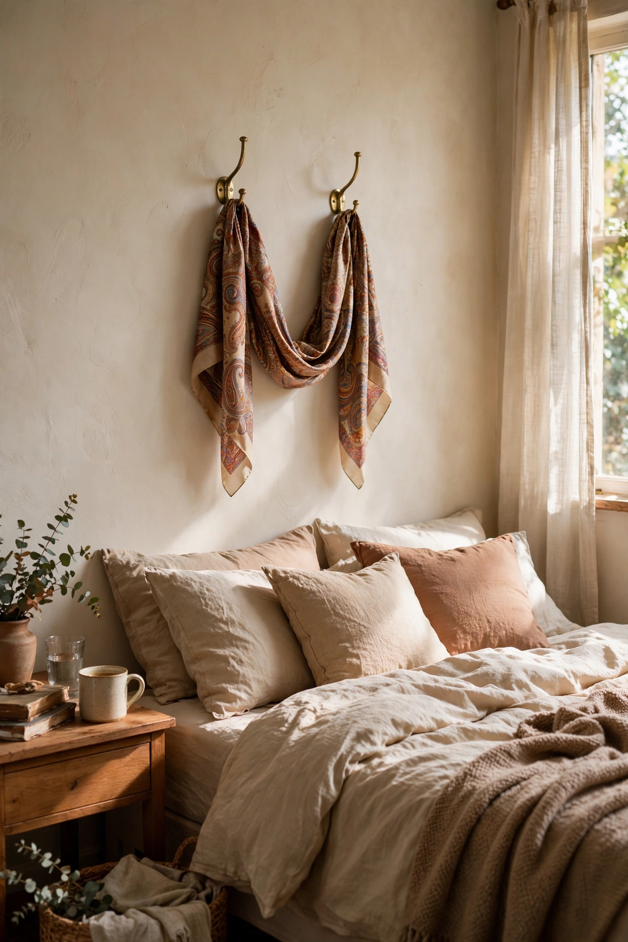 Patterned silk scarf draped on brass hooks above a bed