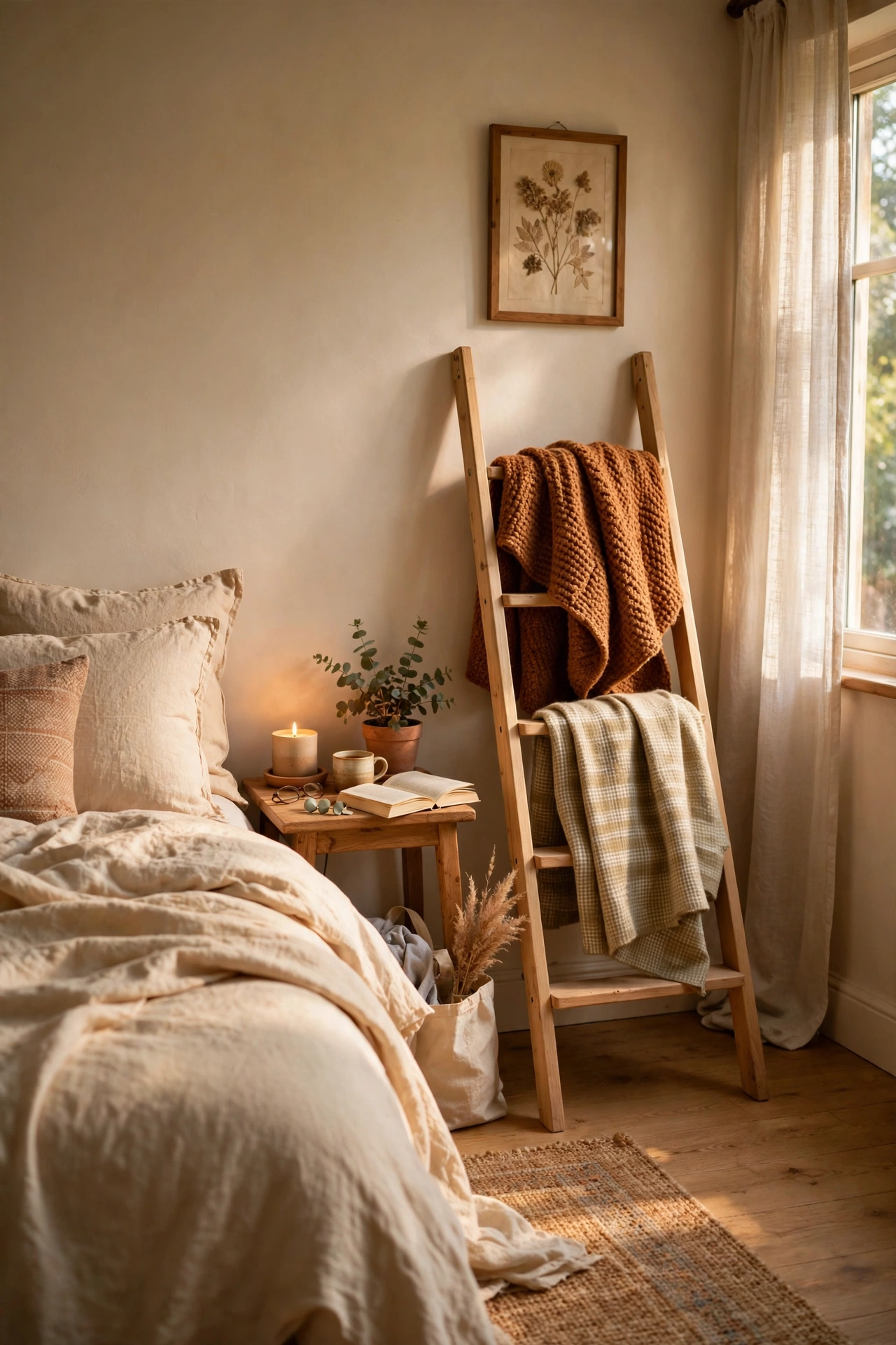 Small wooden ladder leaned on the bedroom wall holding draped throws