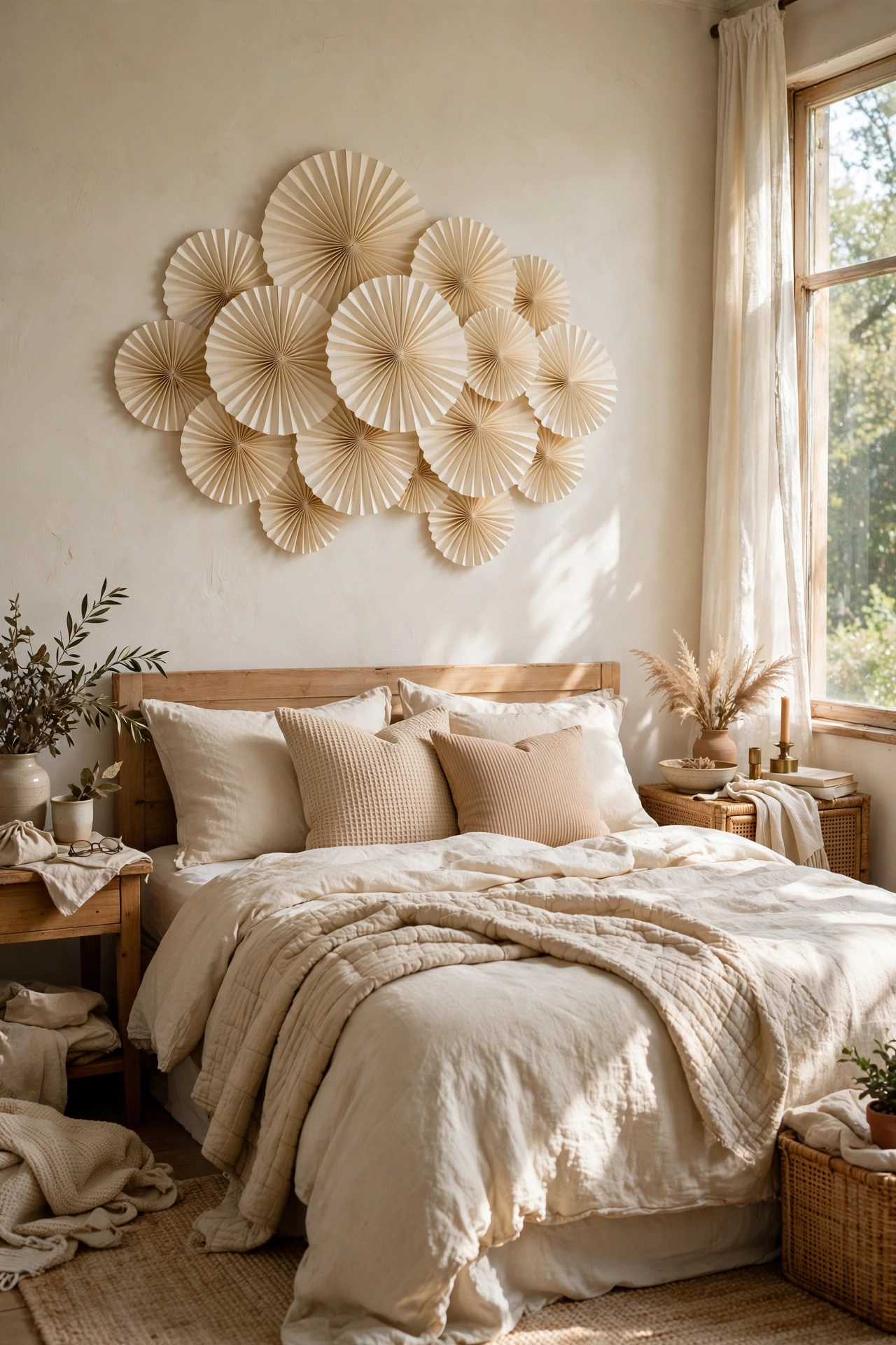Cream paper fan decorations clustered on the wall above a bed