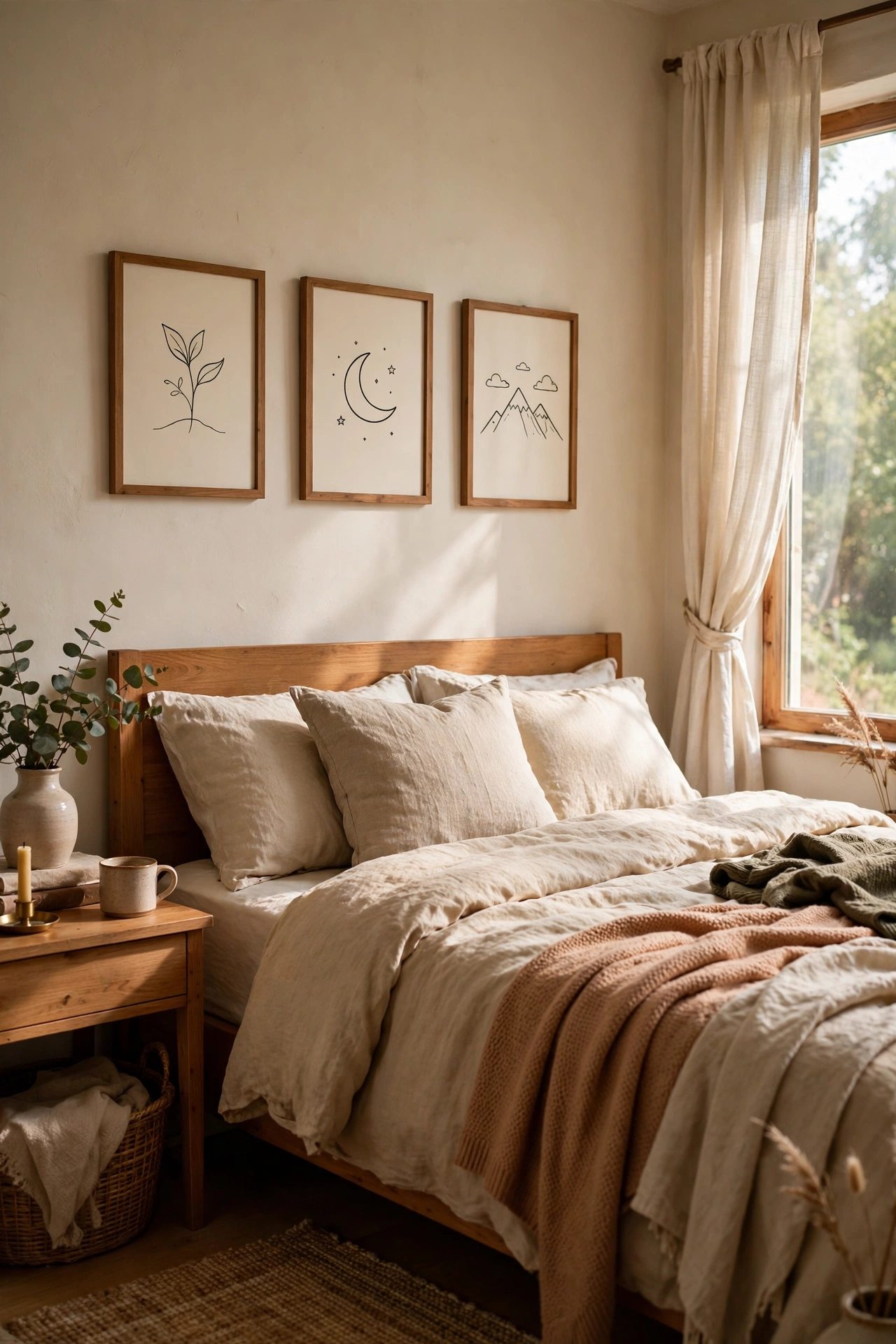 Three framed simple line doodles hung in a row above a bed