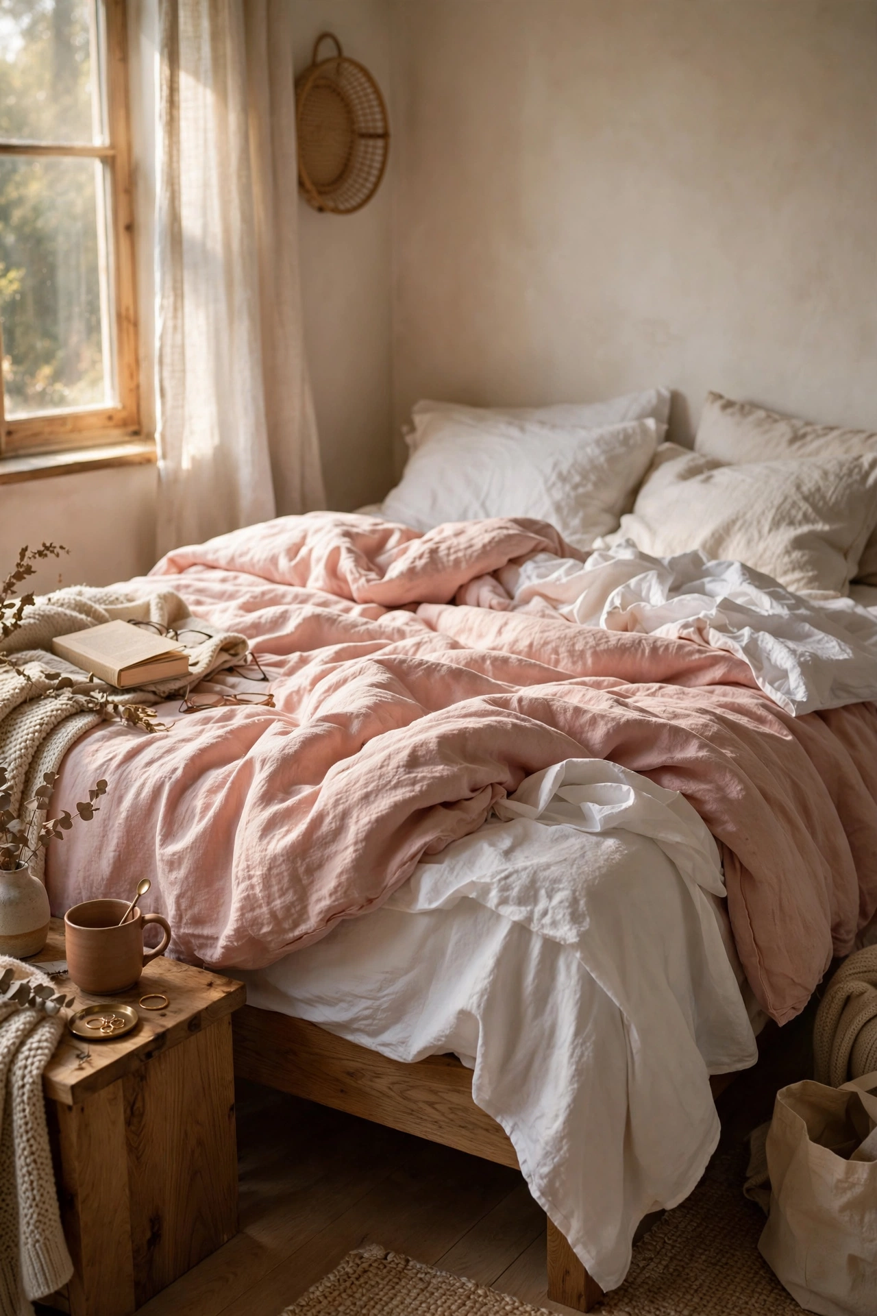 Bed dressed in a blush pink washed linen duvet cover with white sheets