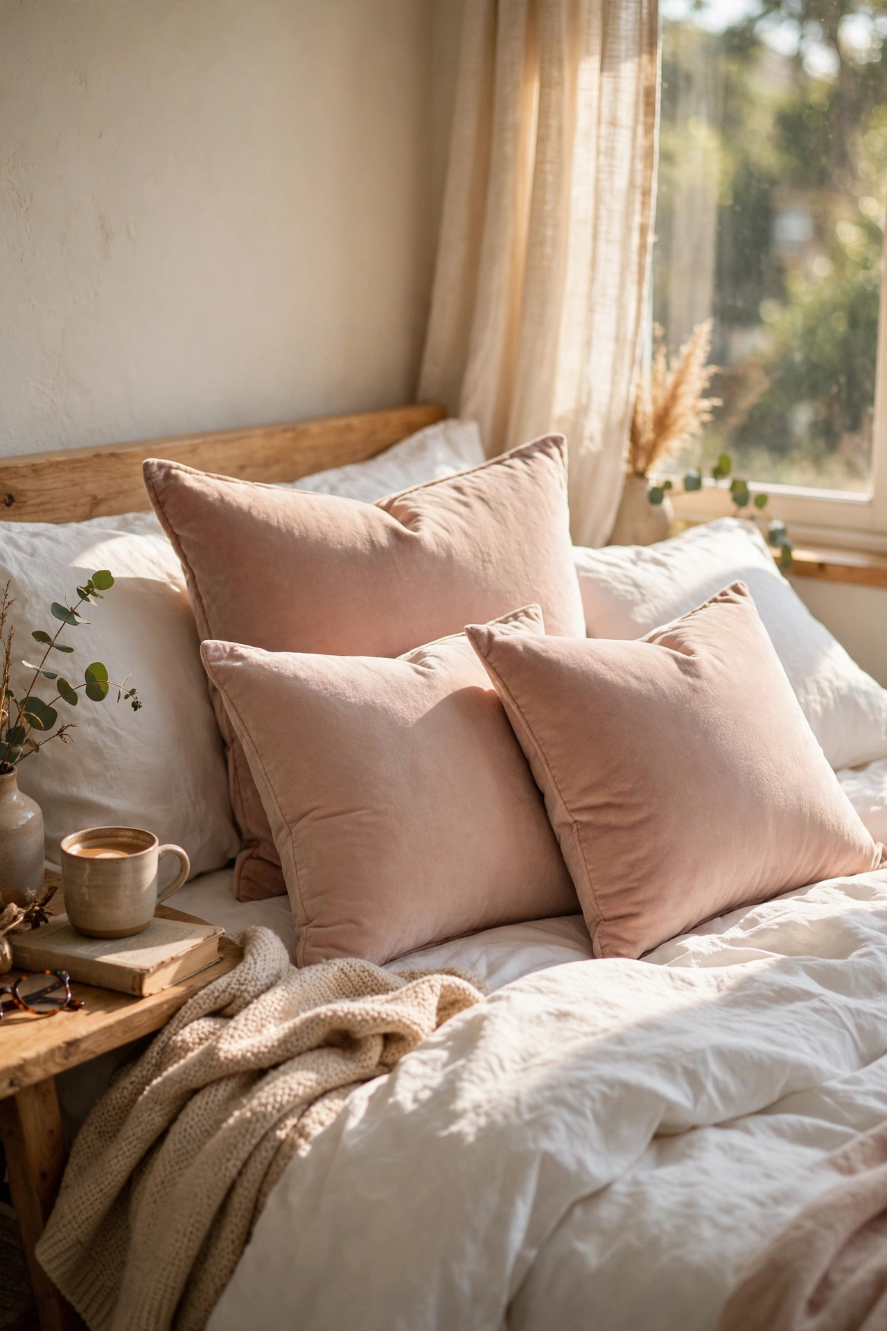Two blush velvet throw pillows on a white bed